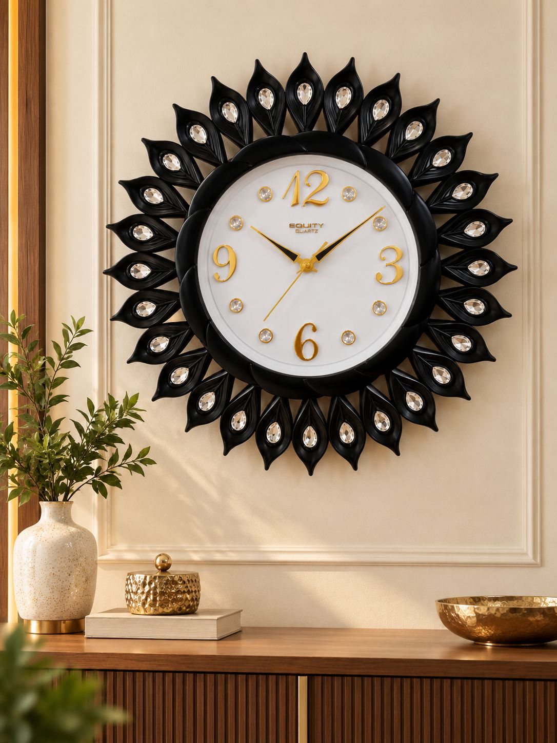 FunkyTradition Sun-Shaped Designer Wall Clock – Gold Decorative Clock with Crystal Details | Black, Golden, Rose Golden & Brown