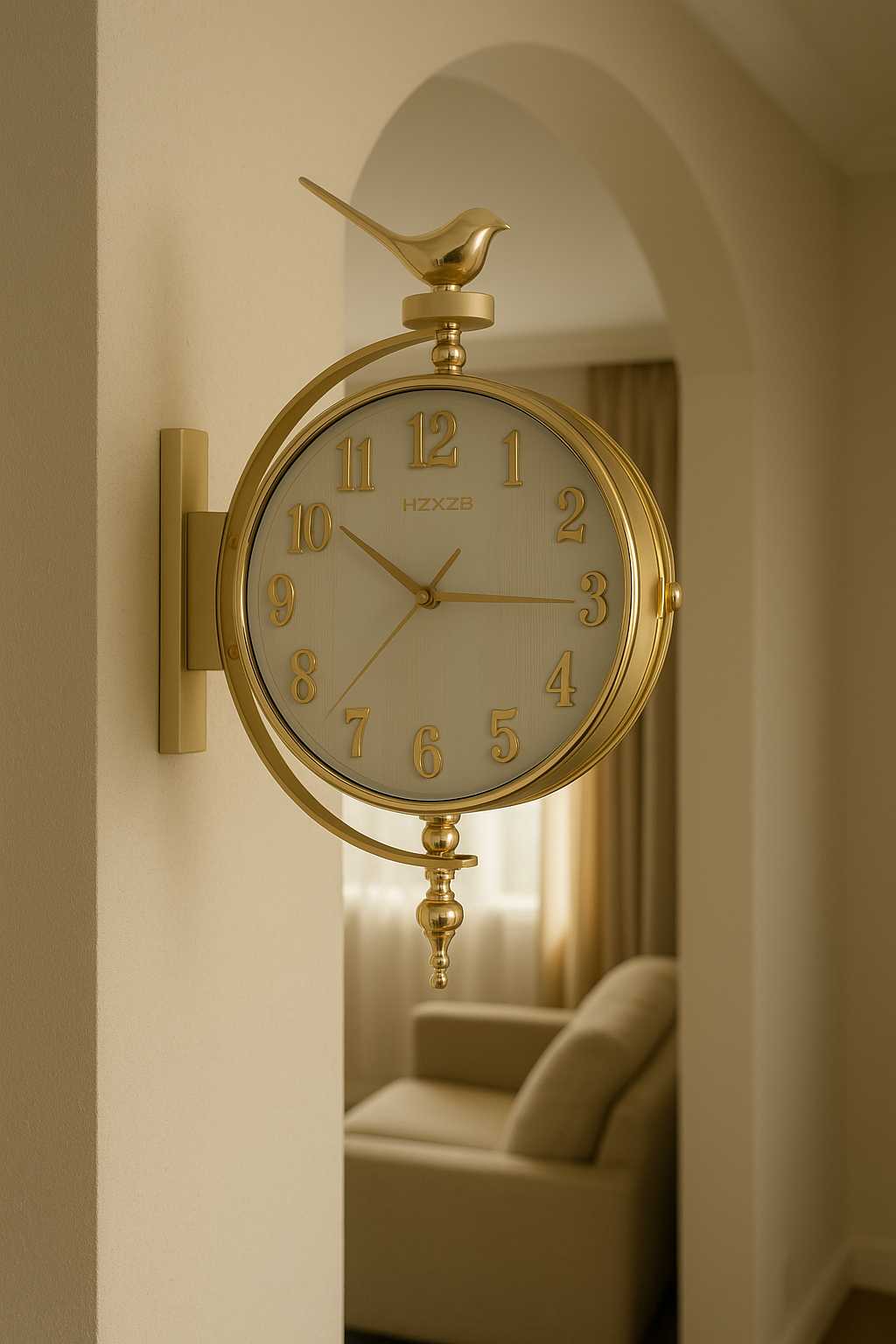 Elegant golden frame wall clock in premium bedroom decor