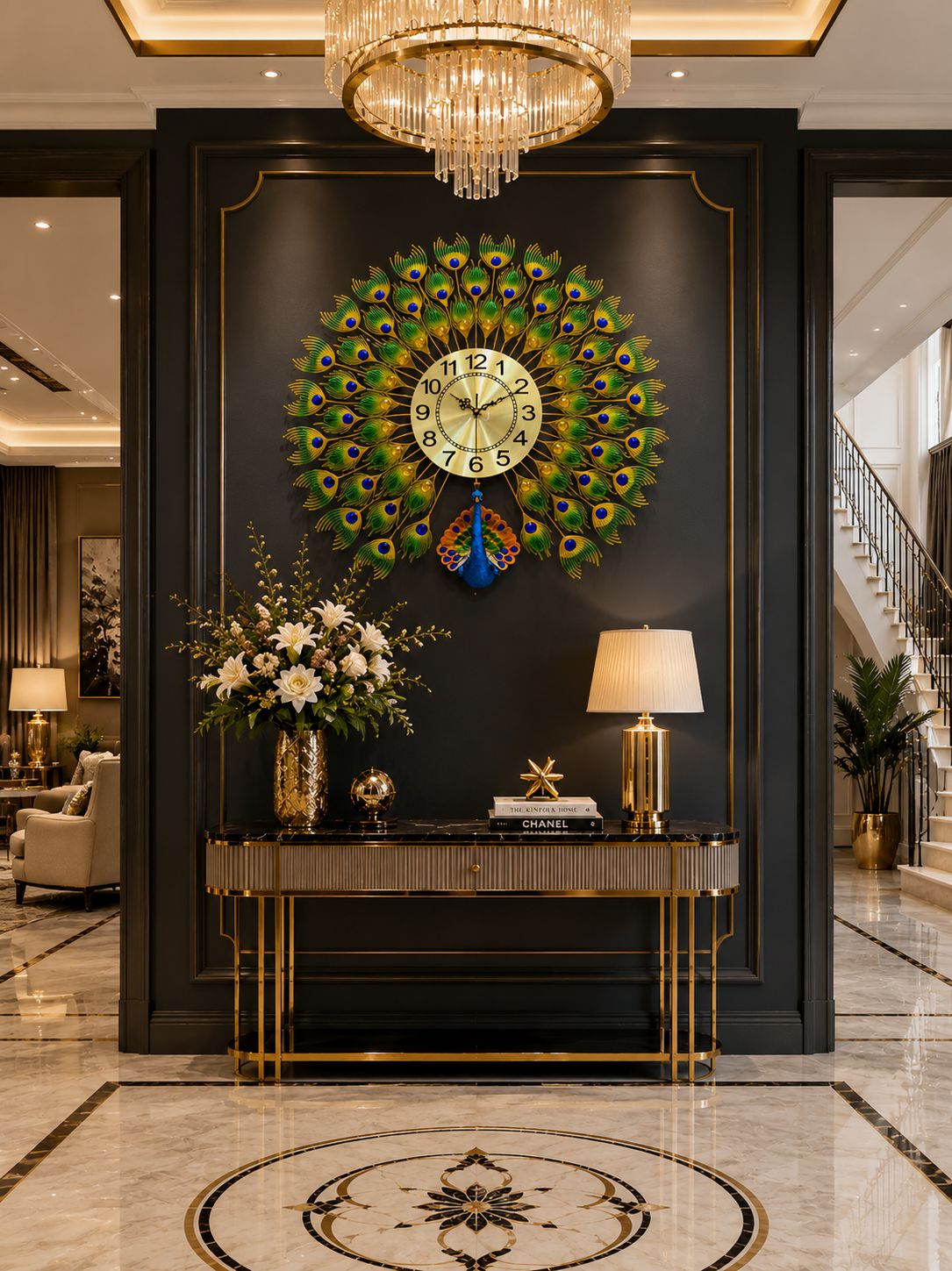 Decorative peacock wall clock on a wall in an elegant interior setting with a console table and chandelier.