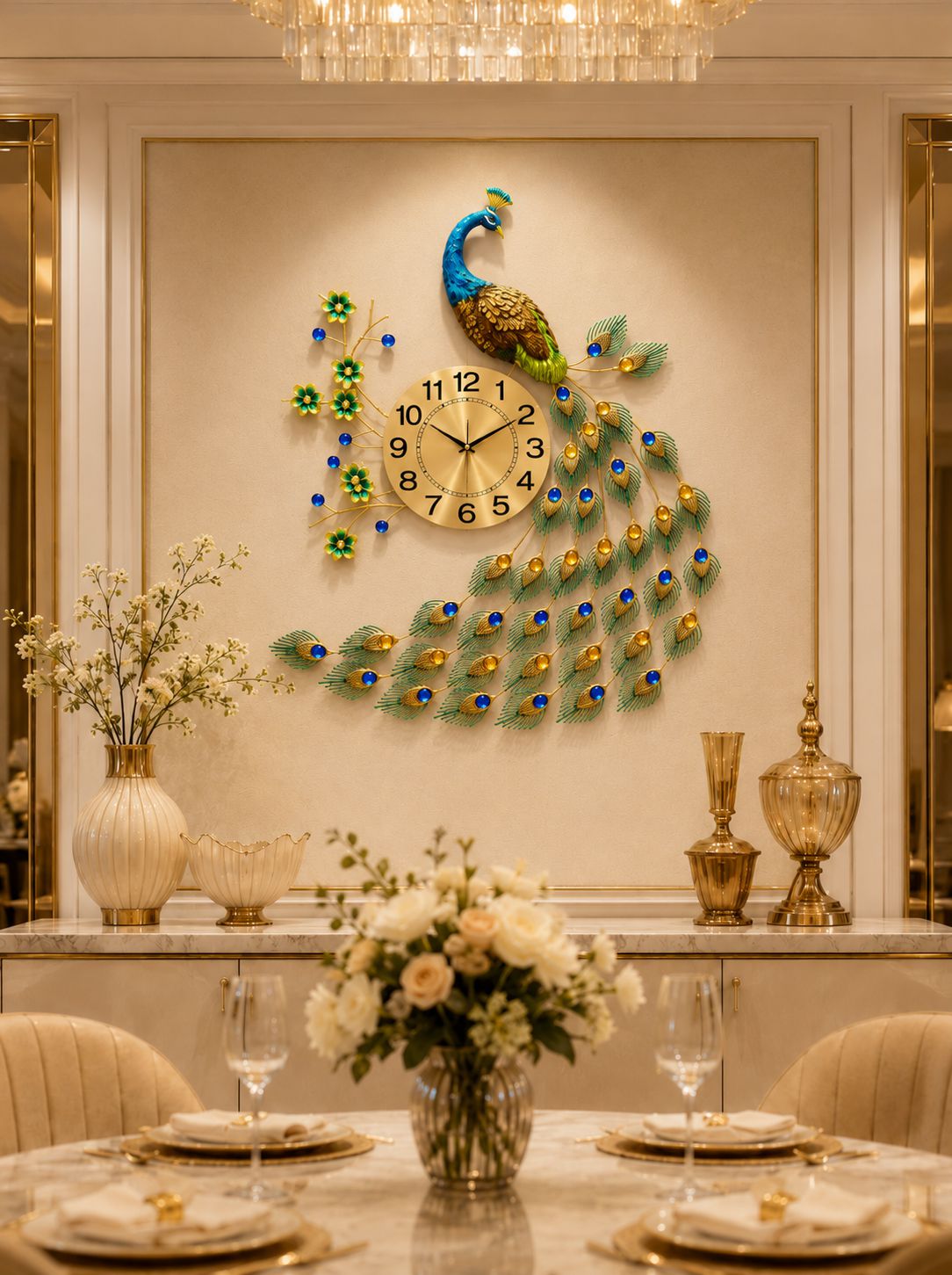 Elegant peacock wall clock enhancing luxury dining room interior décor