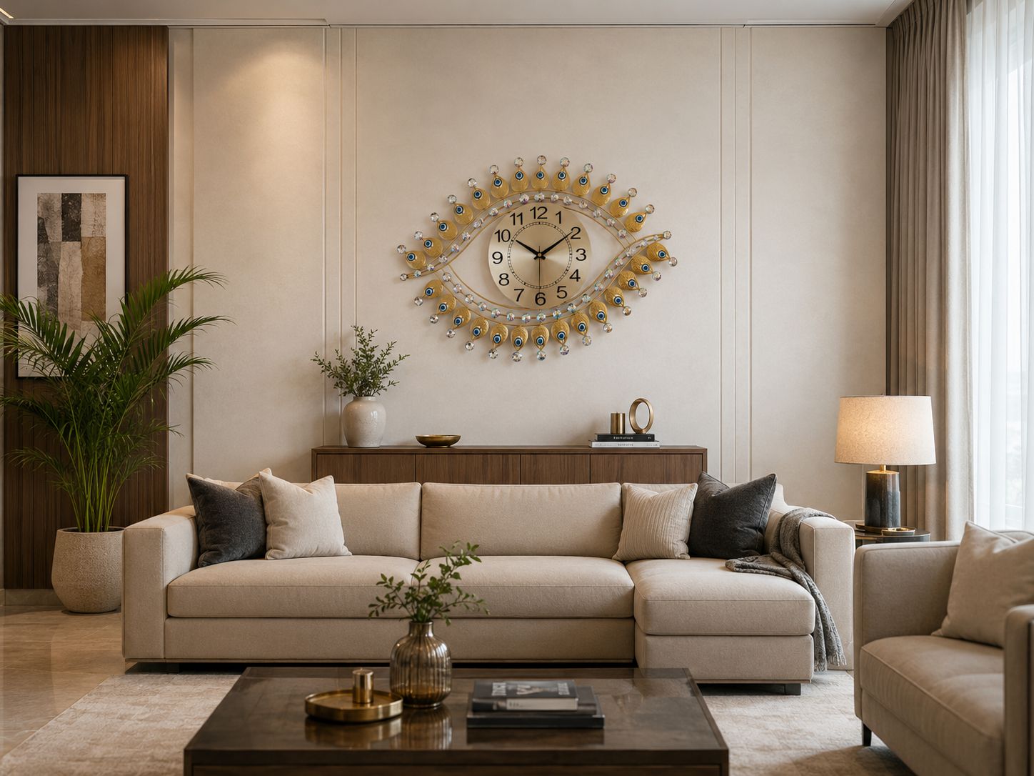 Gold Nazar inspired metal wall clock used as statement wall decor in modern living room
