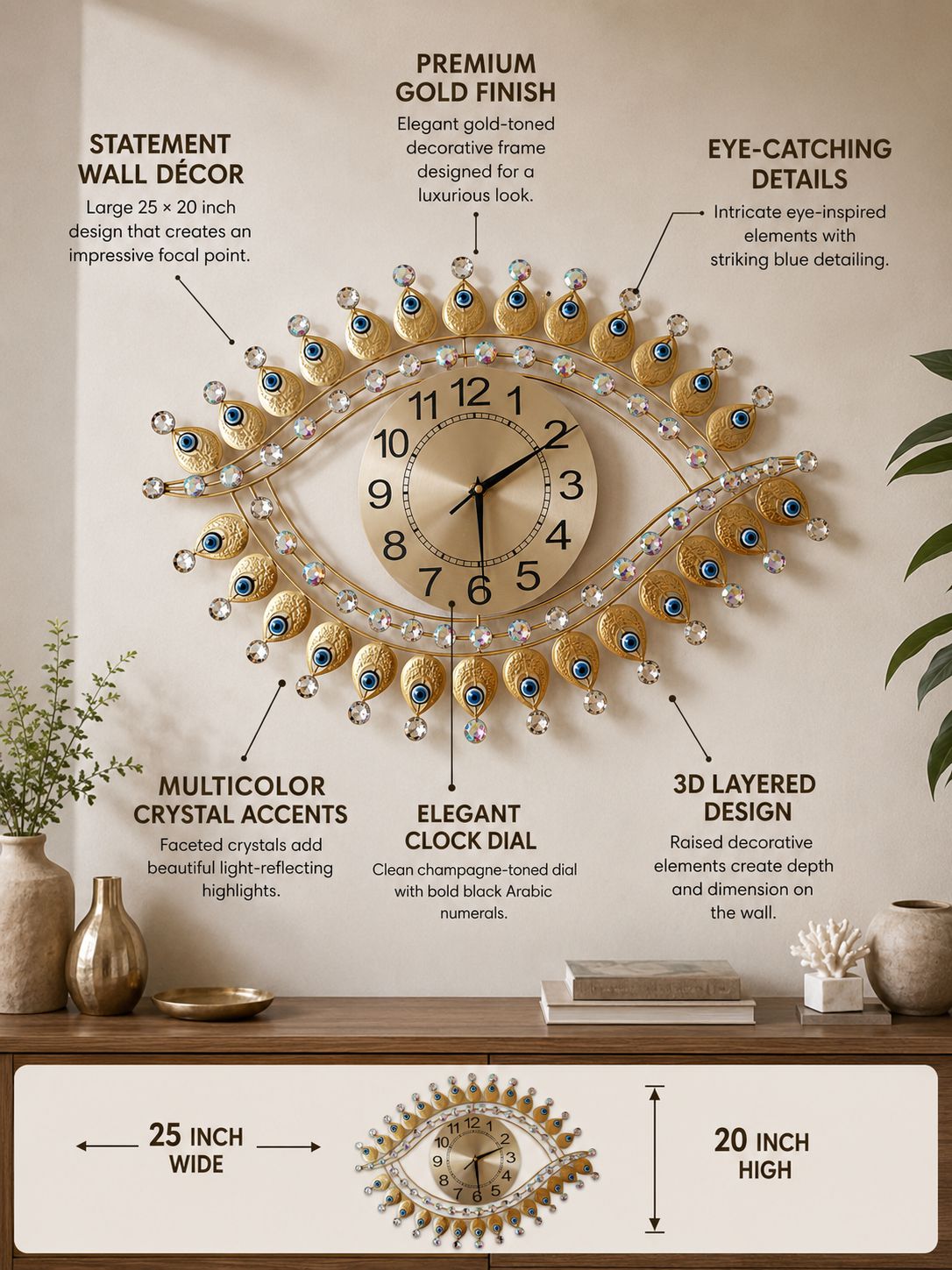 Evil Eye inspired gold metal wall clock with blue Nazar detailing and crystal accents 25 x 20 inch