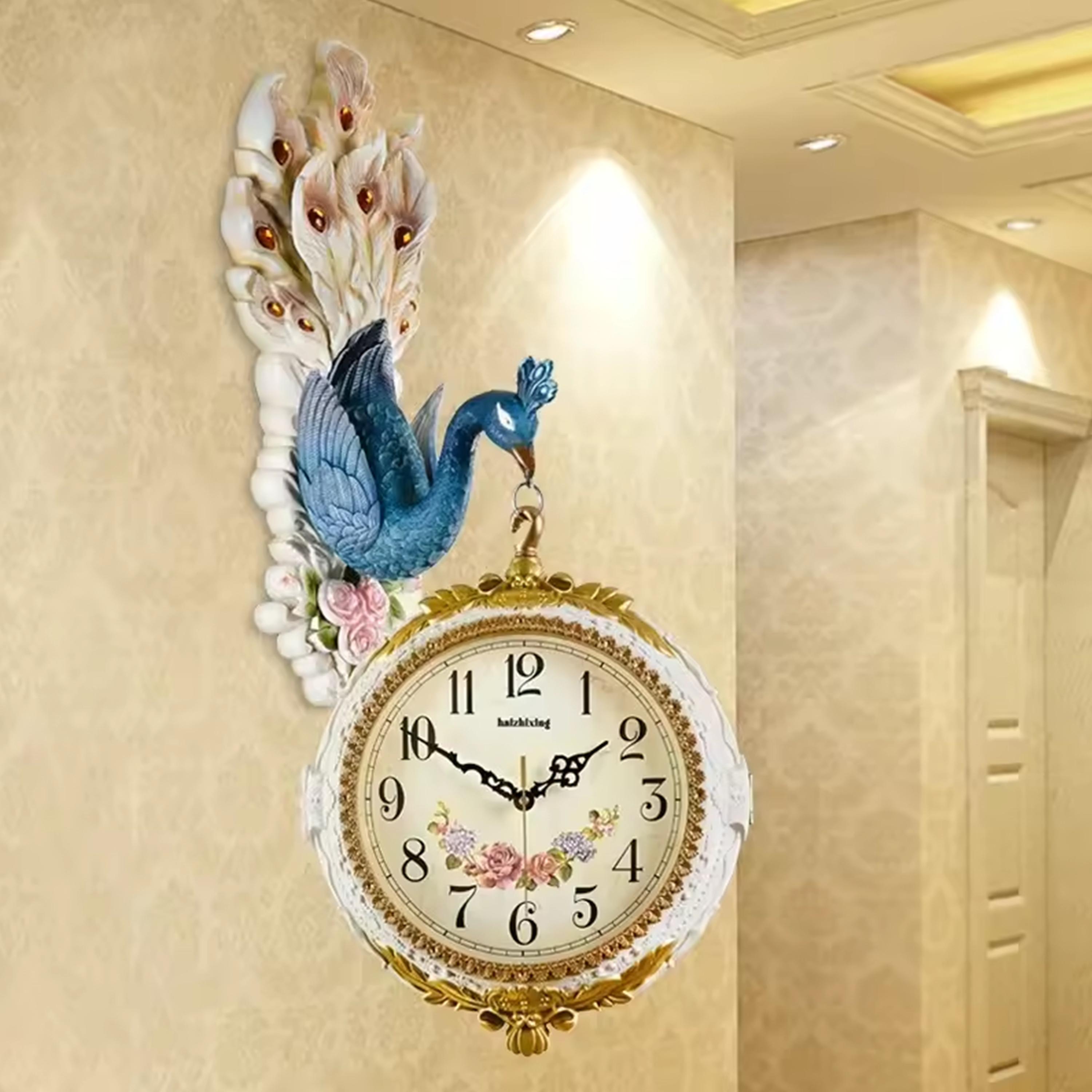 Luxury Peacock Wall Clock for Living Room | 3D Decorative Wall Hanging Double-Sided Clock with 360° Rotation
