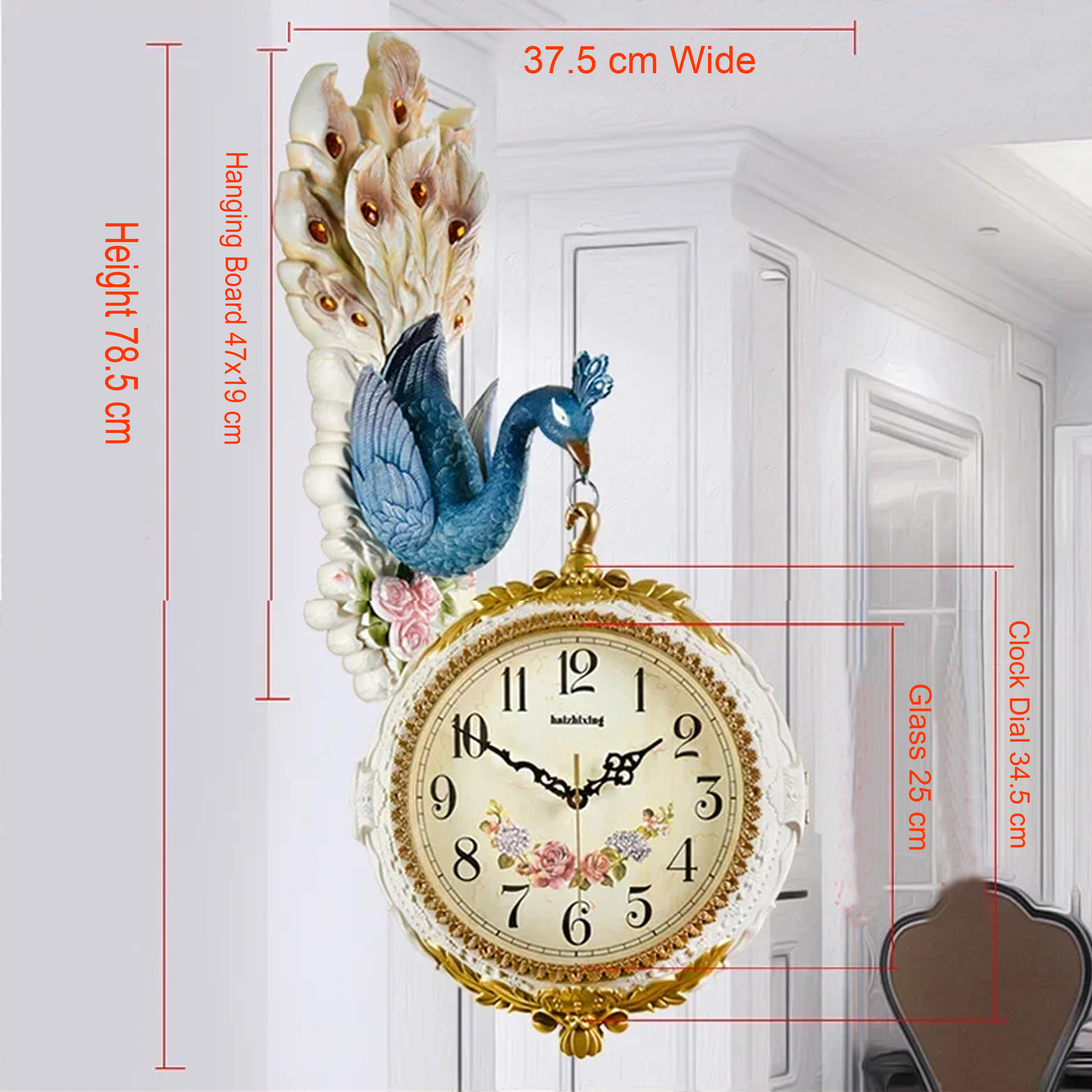 Luxury Peacock Wall Clock for Living Room | 3D Decorative Wall Hanging Double-Sided Clock with 360° Rotation
