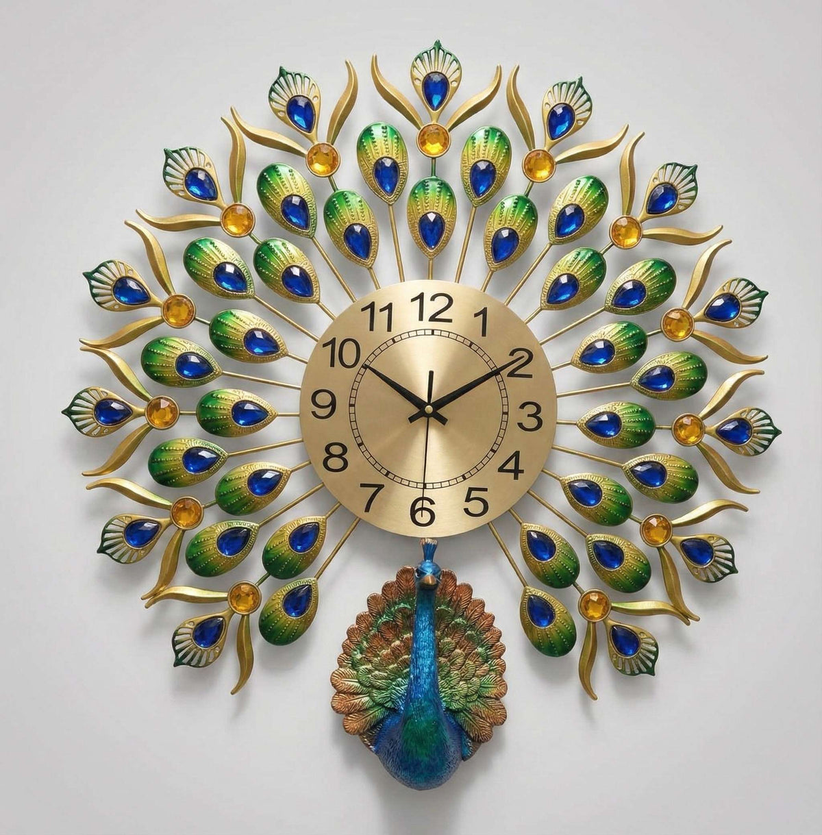 FunkyTradition Royal Peacock Metal Wall Clock with Crystal Accents (55cm x 55cm) – Luxury 3D Wall Decor