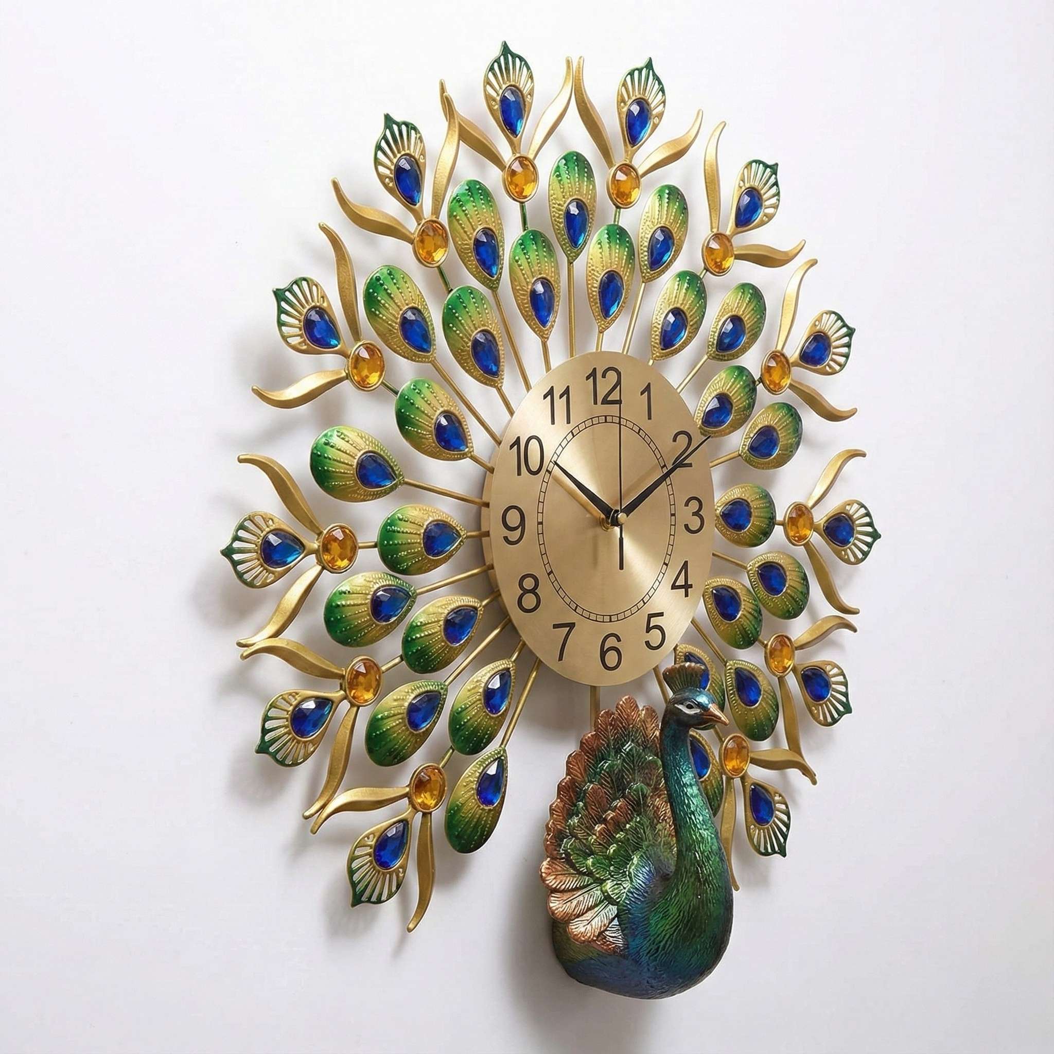 FunkyTradition Royal Peacock Metal Wall Clock with Crystal Accents (55cm x 55cm) – Luxury 3D Wall Decor