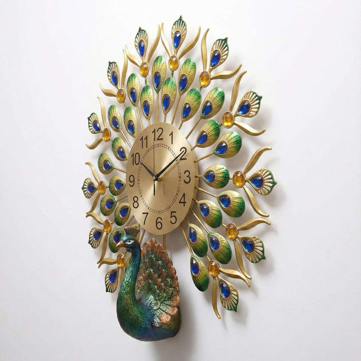 FunkyTradition Royal Peacock Metal Wall Clock with Crystal Accents (55cm x 55cm) – Luxury 3D Wall Decor