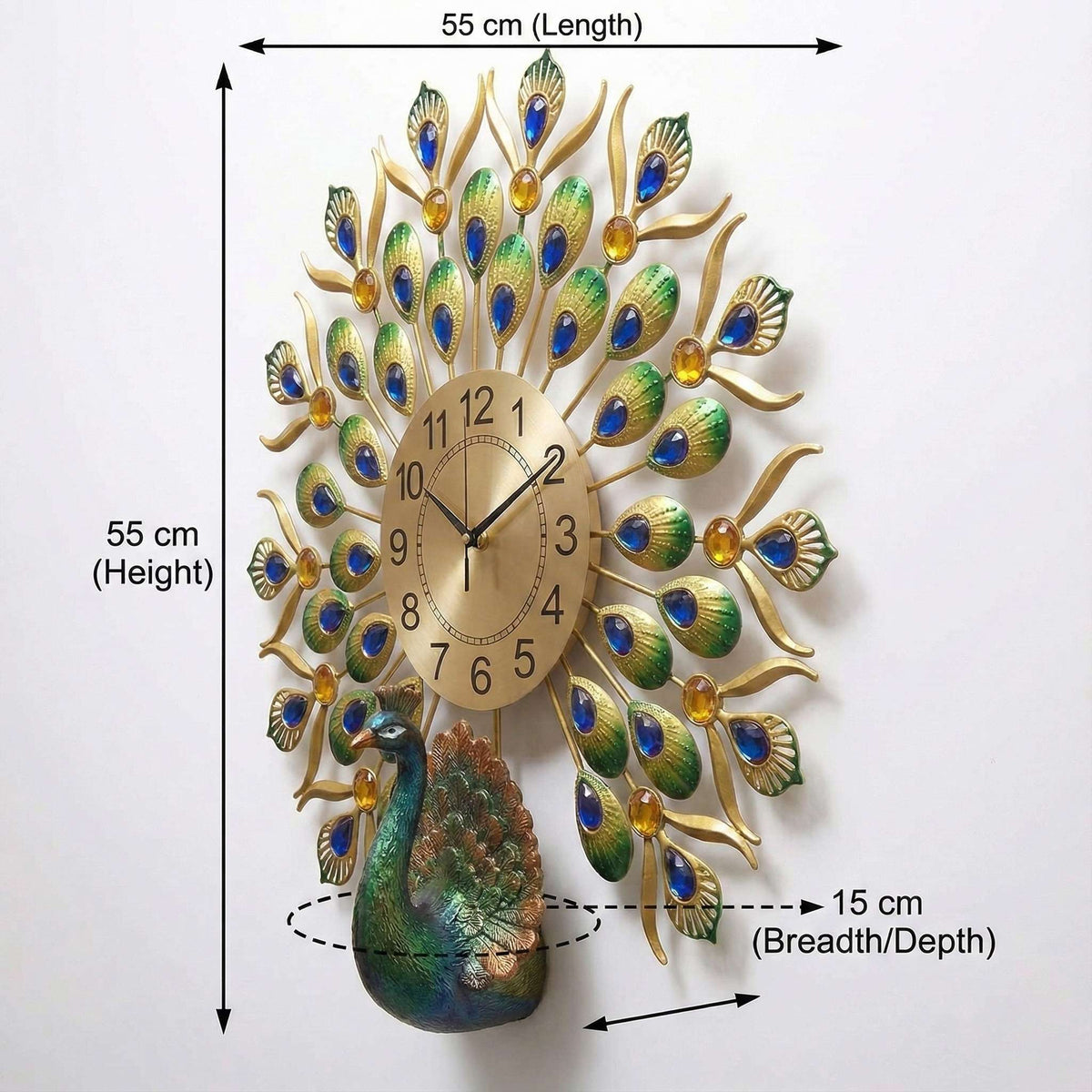 FunkyTradition Royal Peacock Metal Wall Clock with Crystal Accents (55cm x 55cm) – Luxury 3D Wall Decor