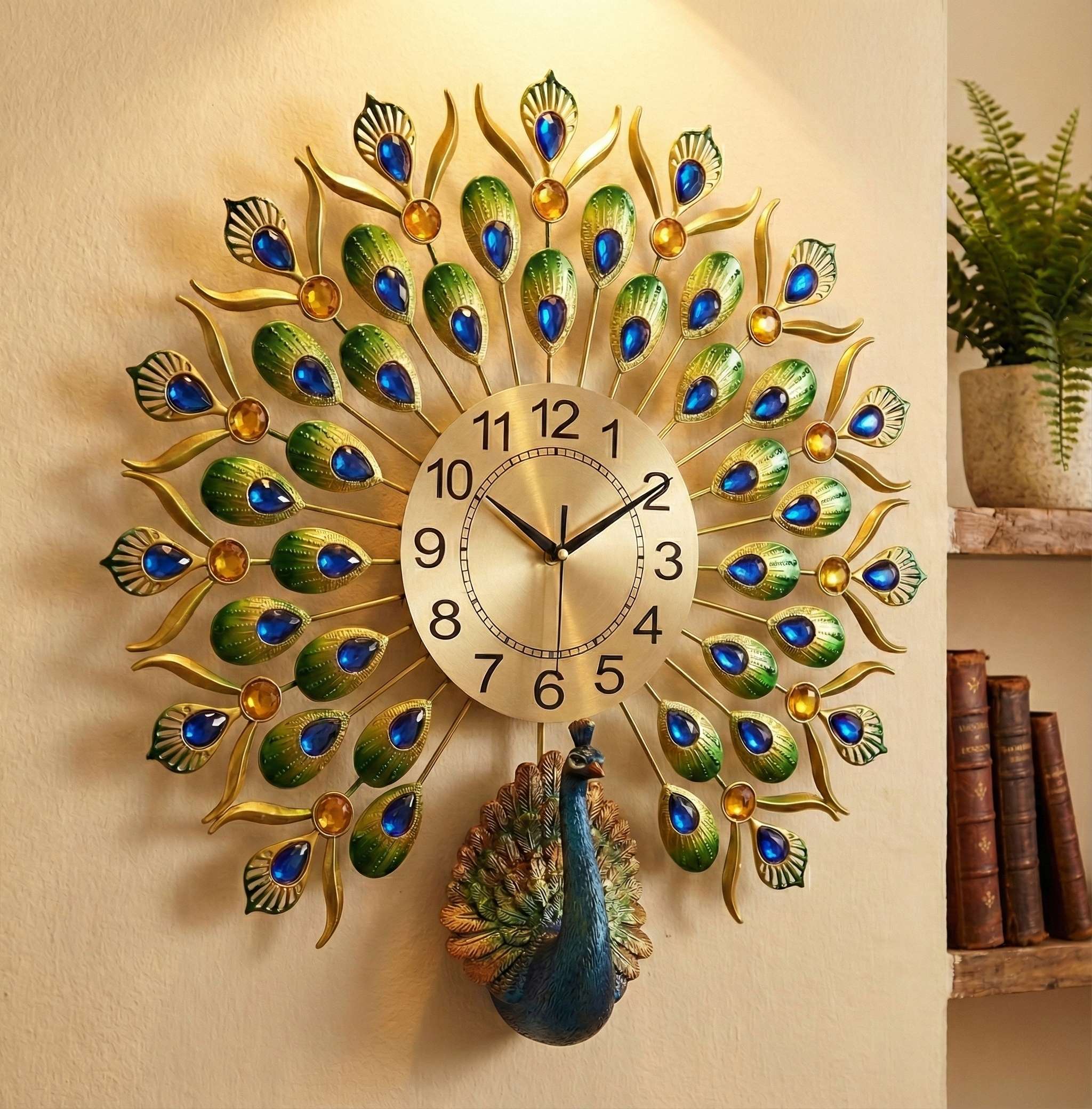 FunkyTradition Royal Peacock Metal Wall Clock with Crystal Accents (55cm x 55cm) – Luxury 3D Wall Decor