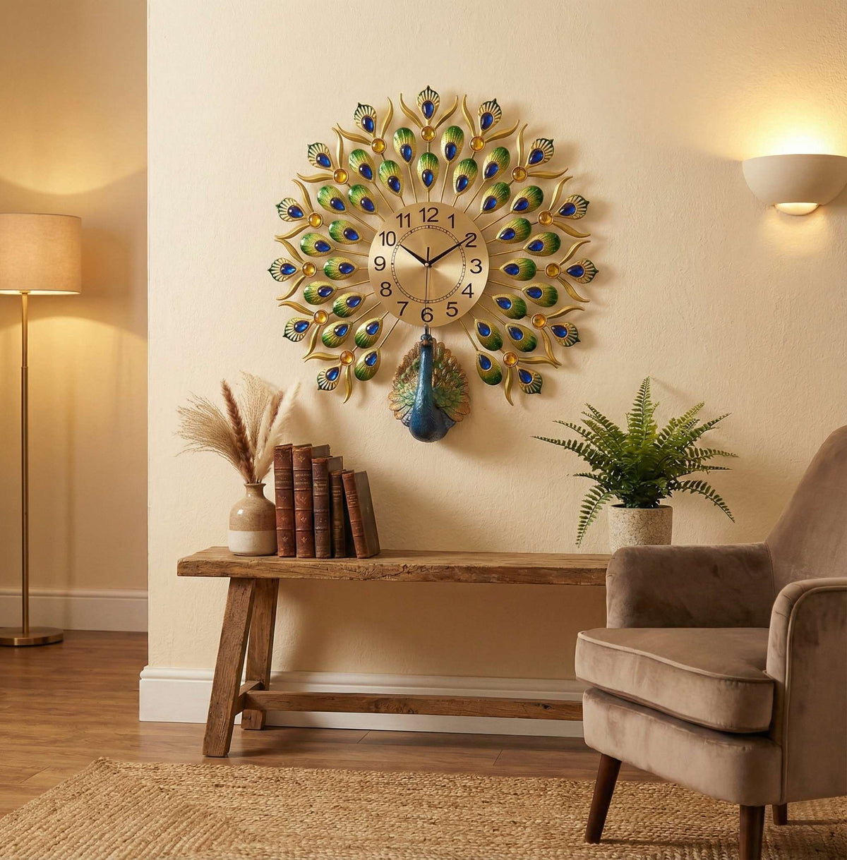 FunkyTradition Royal Peacock Metal Wall Clock with Crystal Accents (55cm x 55cm) – Luxury 3D Wall Decor
