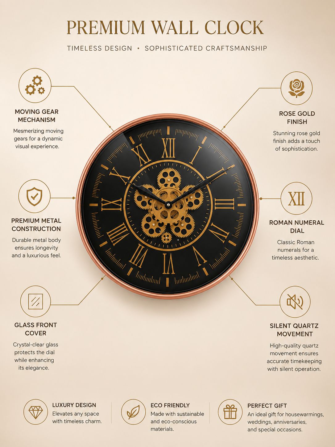 Feature Highlights of Luxury Rose Gold Metal Wall Clock