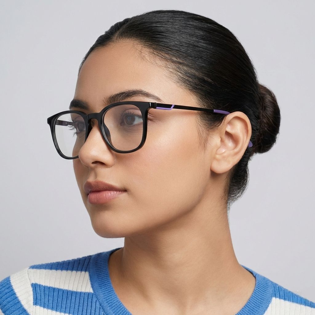 Female model wearing black square eyeglasses lightweight everyday eyewear