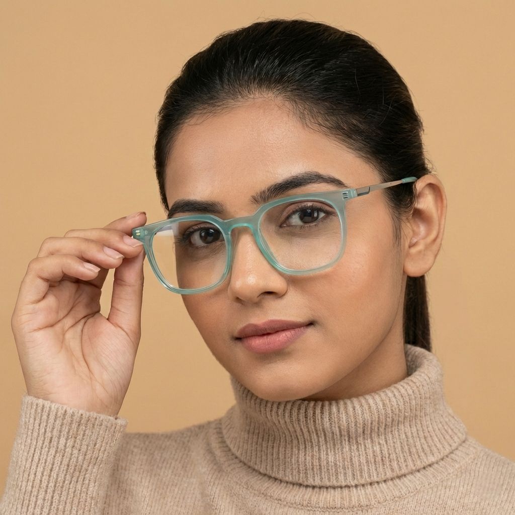 Female model wearing transparent mint green eyeglasses stylish fashion frame