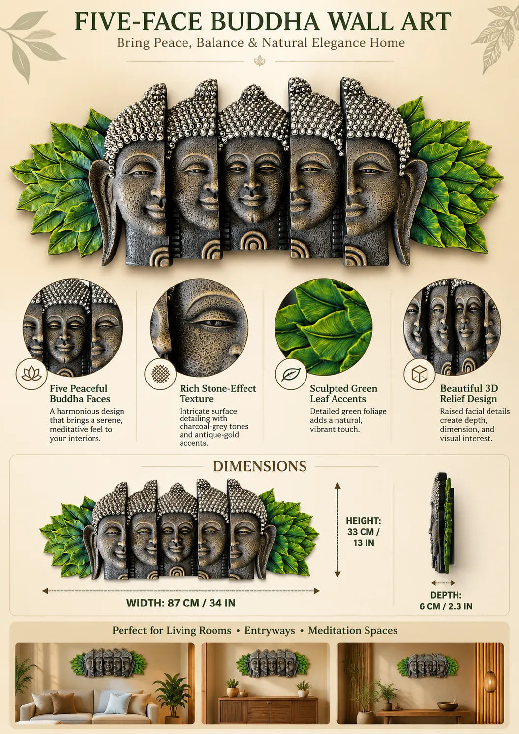 Five-Face Buddha Wall Art with Green Leaf Accents – Antique Stone Finish Decorative Wall Sculpture | FunkyTradition
