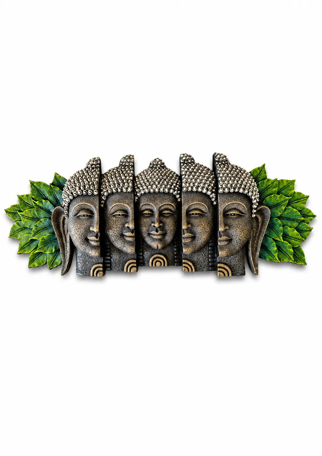 Five-Face Buddha Wall Art with Green Leaf Accents – Antique Stone Finish Decorative Wall Sculpture | FunkyTradition