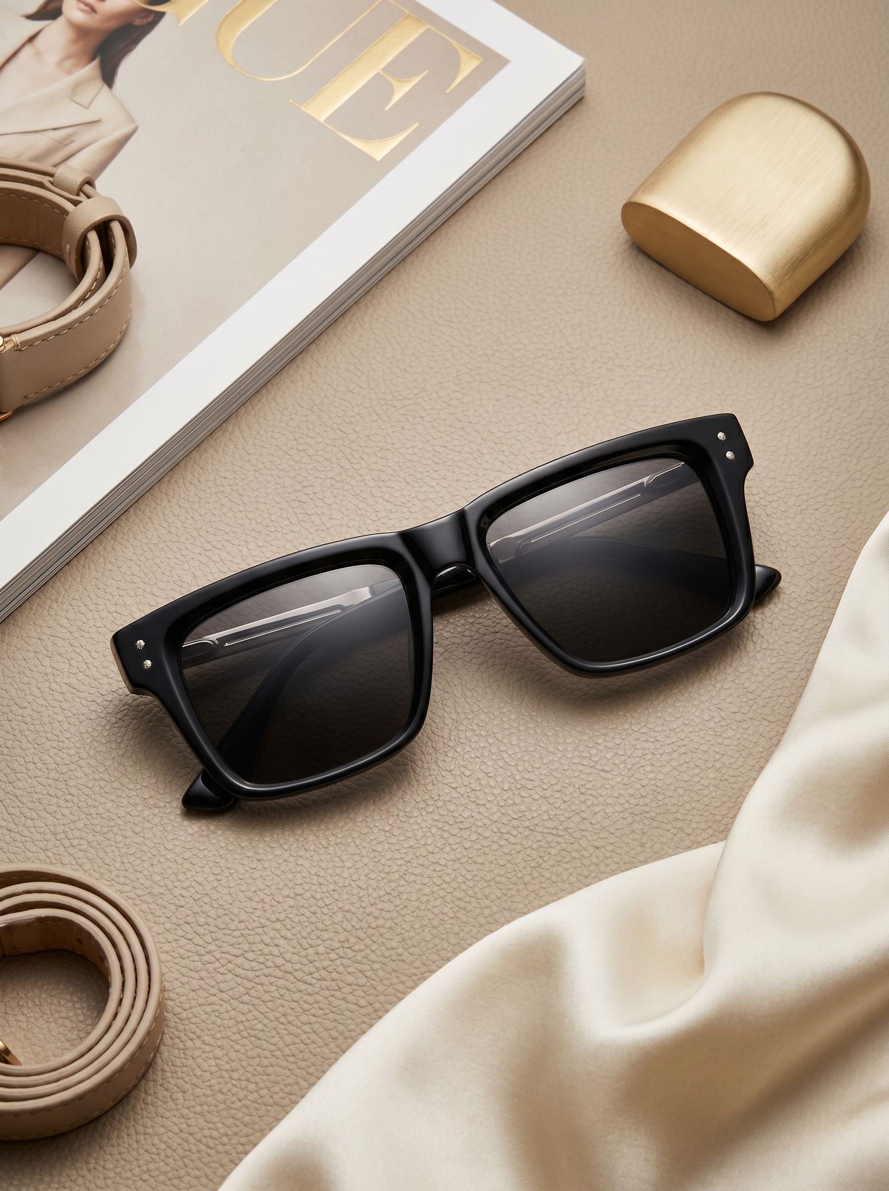 Flat lay product photography of luxury black oversized sunglasses with fashion accessories