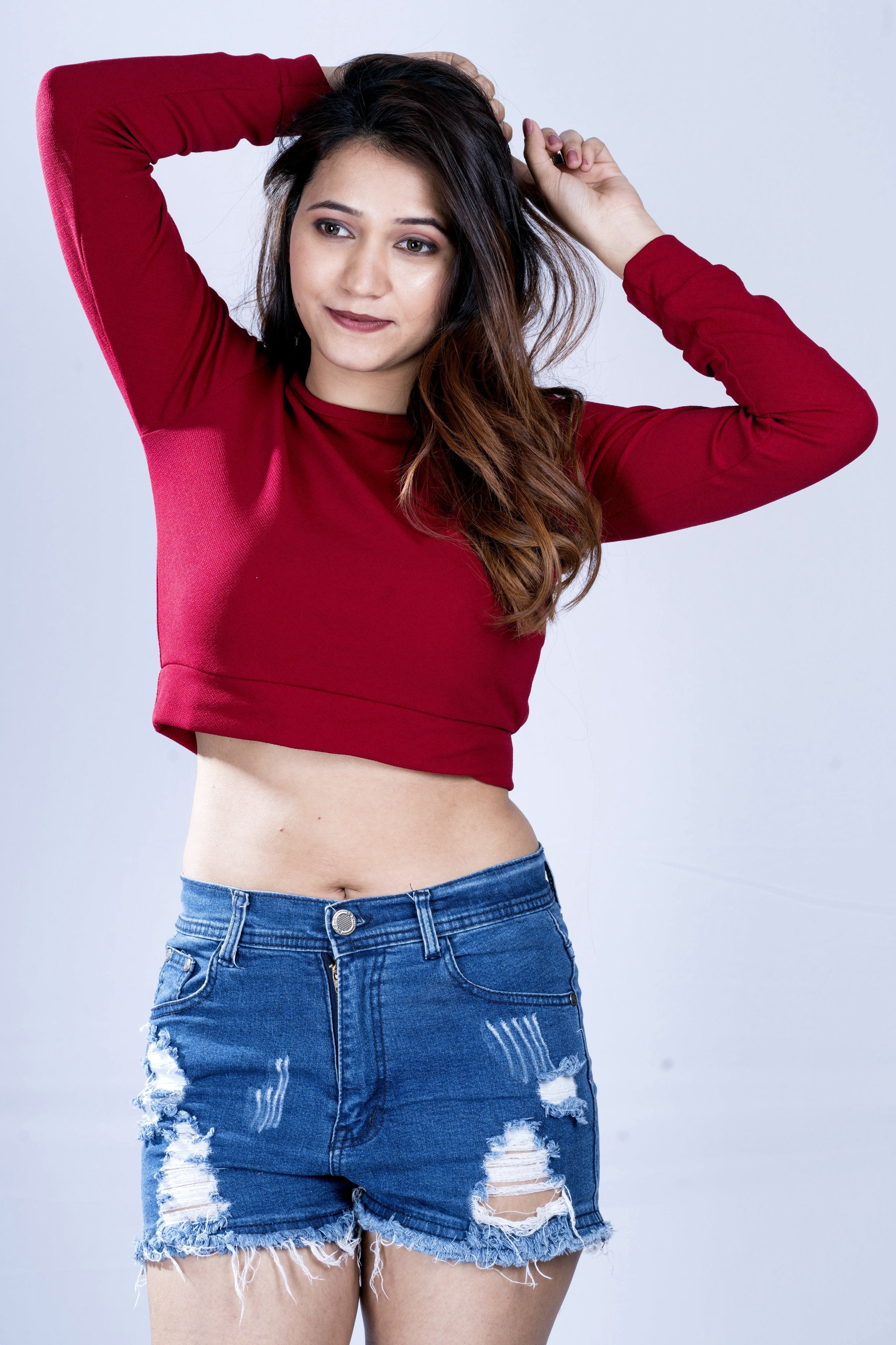 Designer Maroon Women Solid Long Sleeve Crop Top- Adiba Fashion