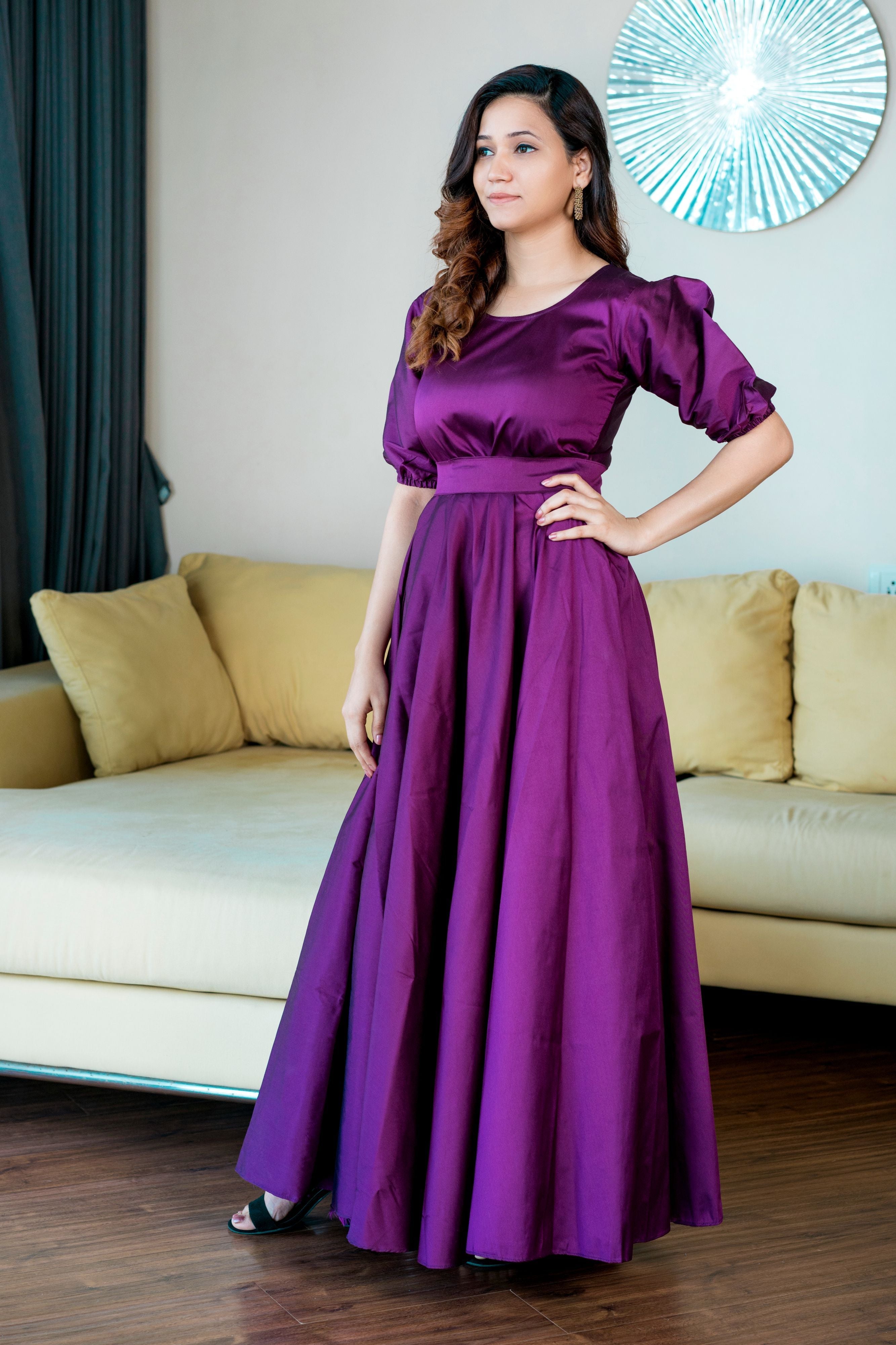 Women Purple Tapeta Silk Solid Floor Length Maxi Dress- FunkyTradition