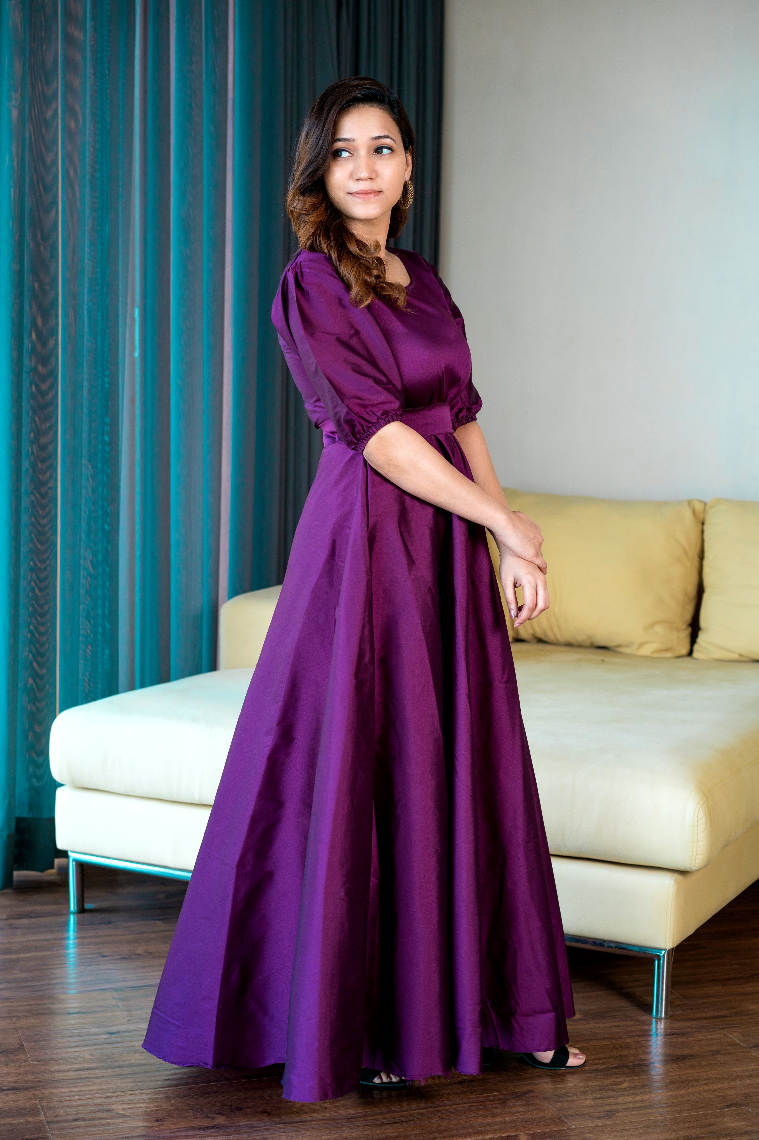 Women Purple Tapeta Silk Solid Floor Length Maxi Dress- FunkyTradition