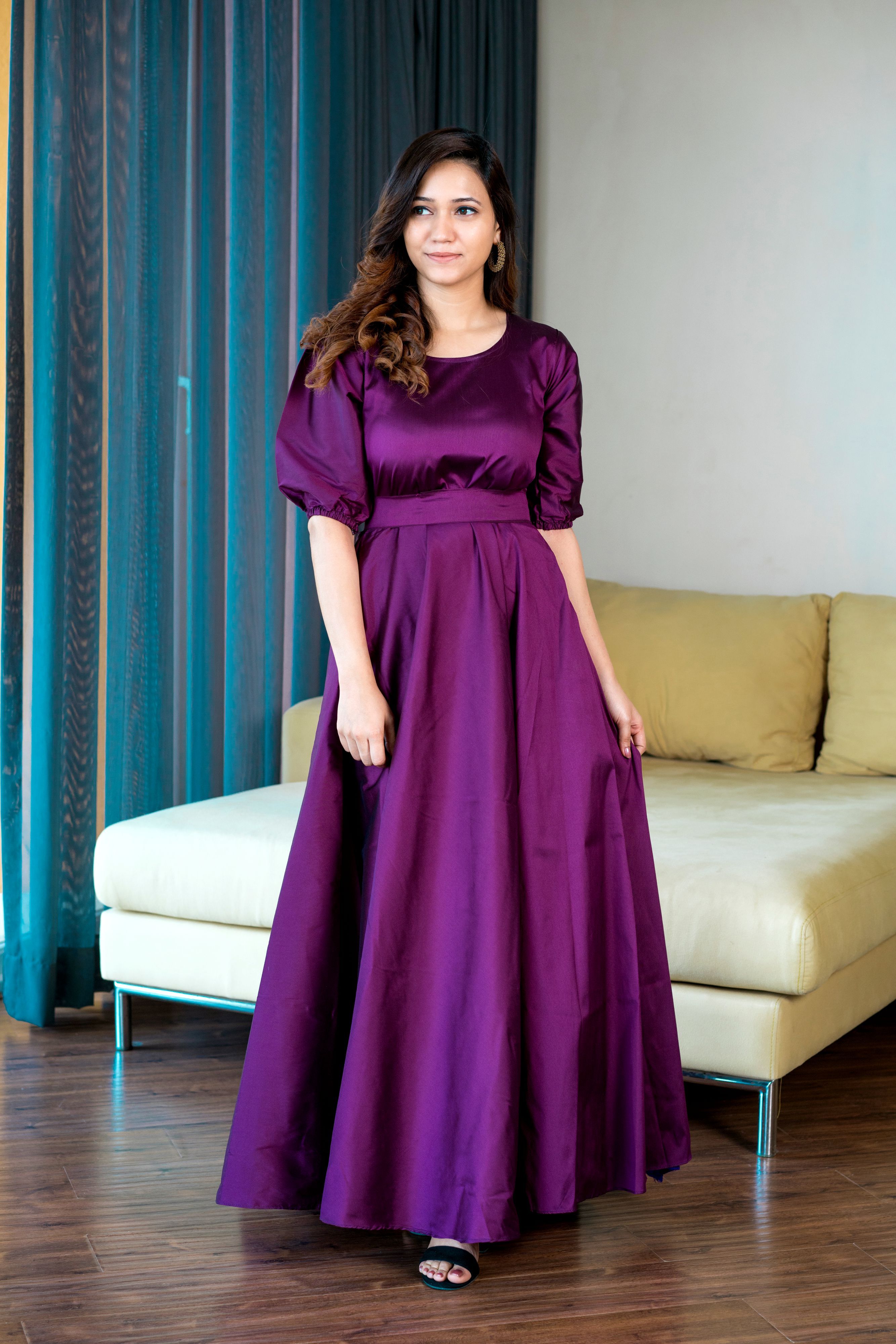 Women Purple Tapeta Silk Solid Floor Length Maxi Dress- FunkyTradition S