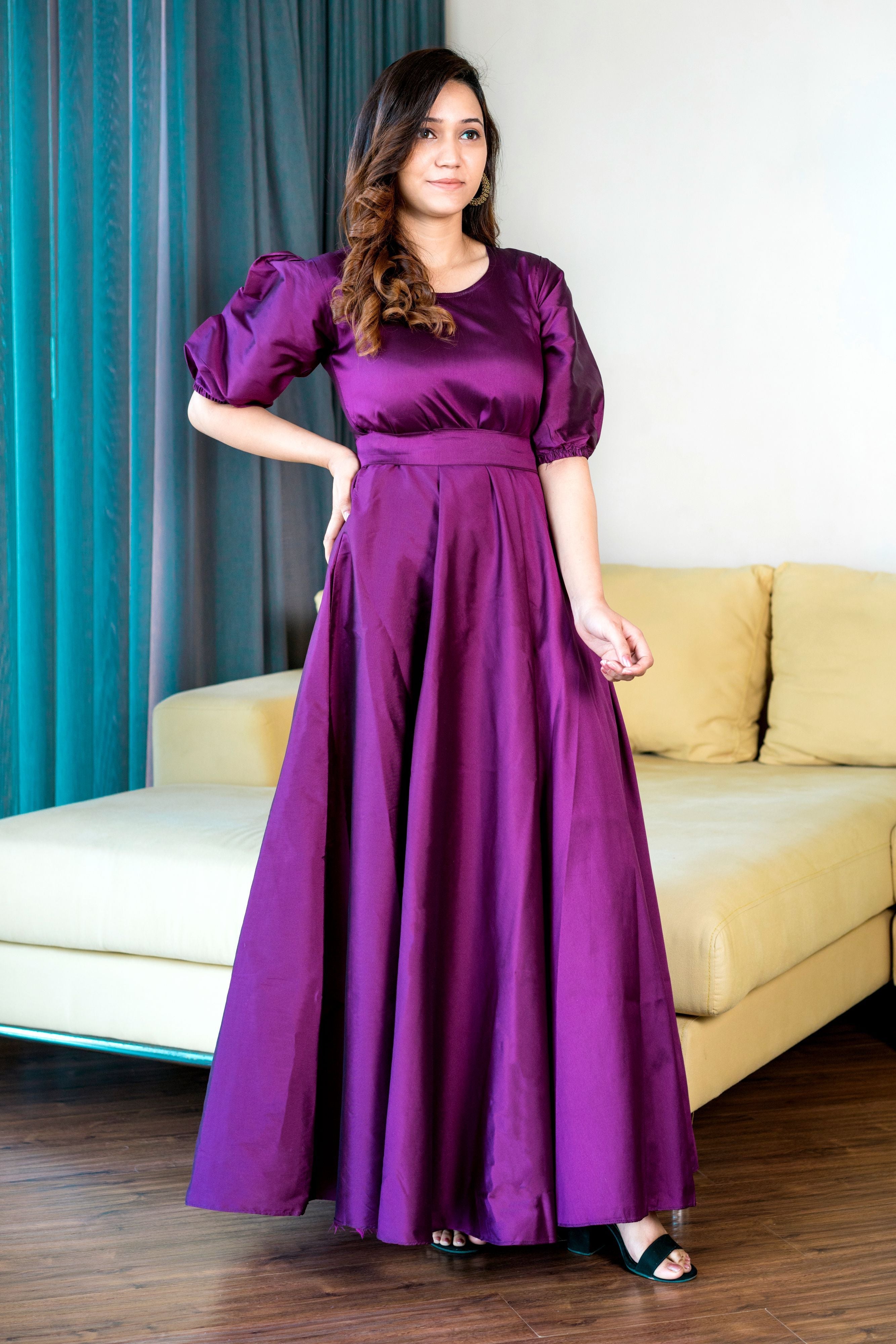 Women Purple Tapeta Silk Solid Floor Length Maxi Dress- FunkyTradition