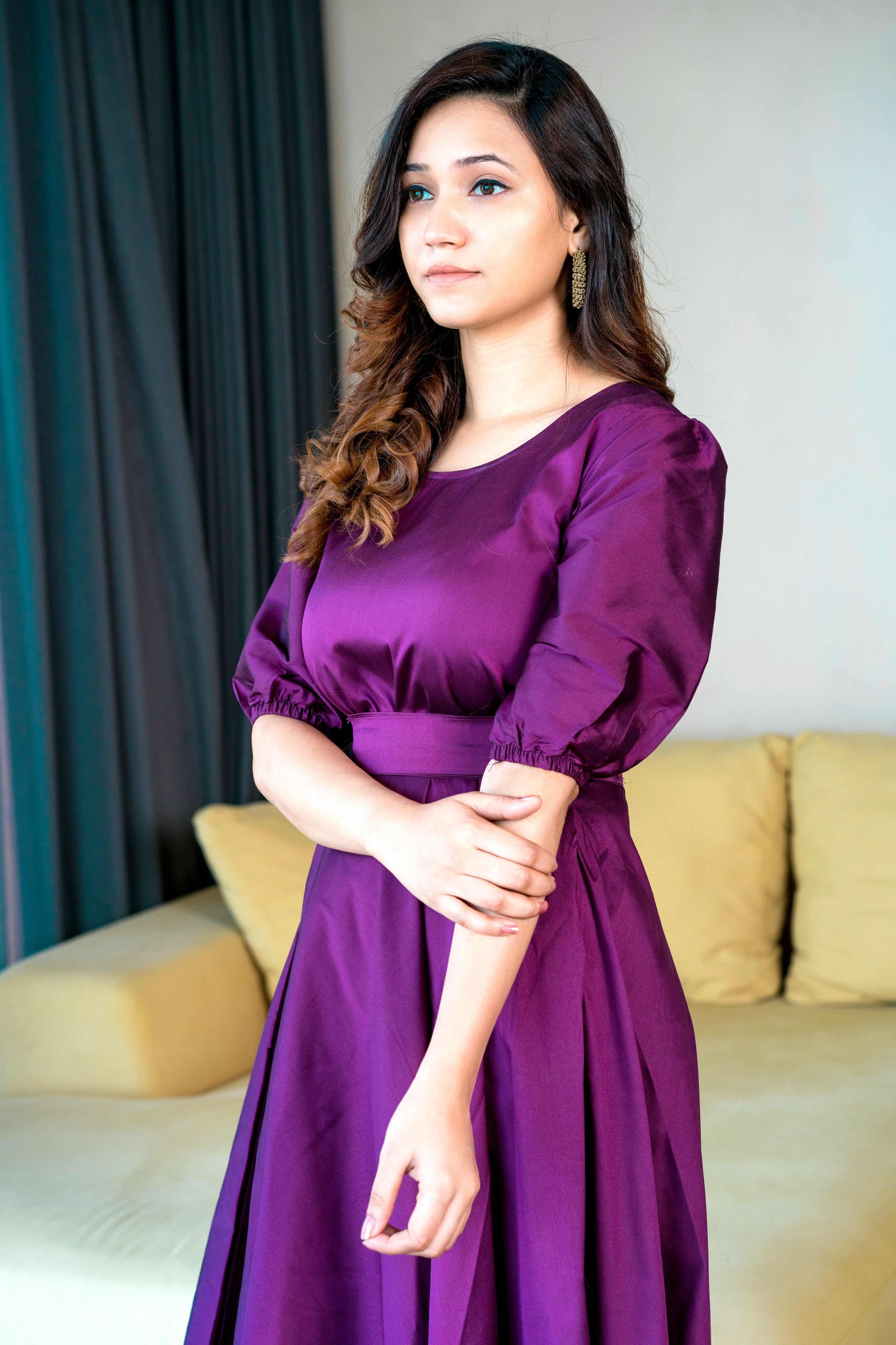Women Purple Tapeta Silk Solid Floor Length Maxi Dress- FunkyTradition