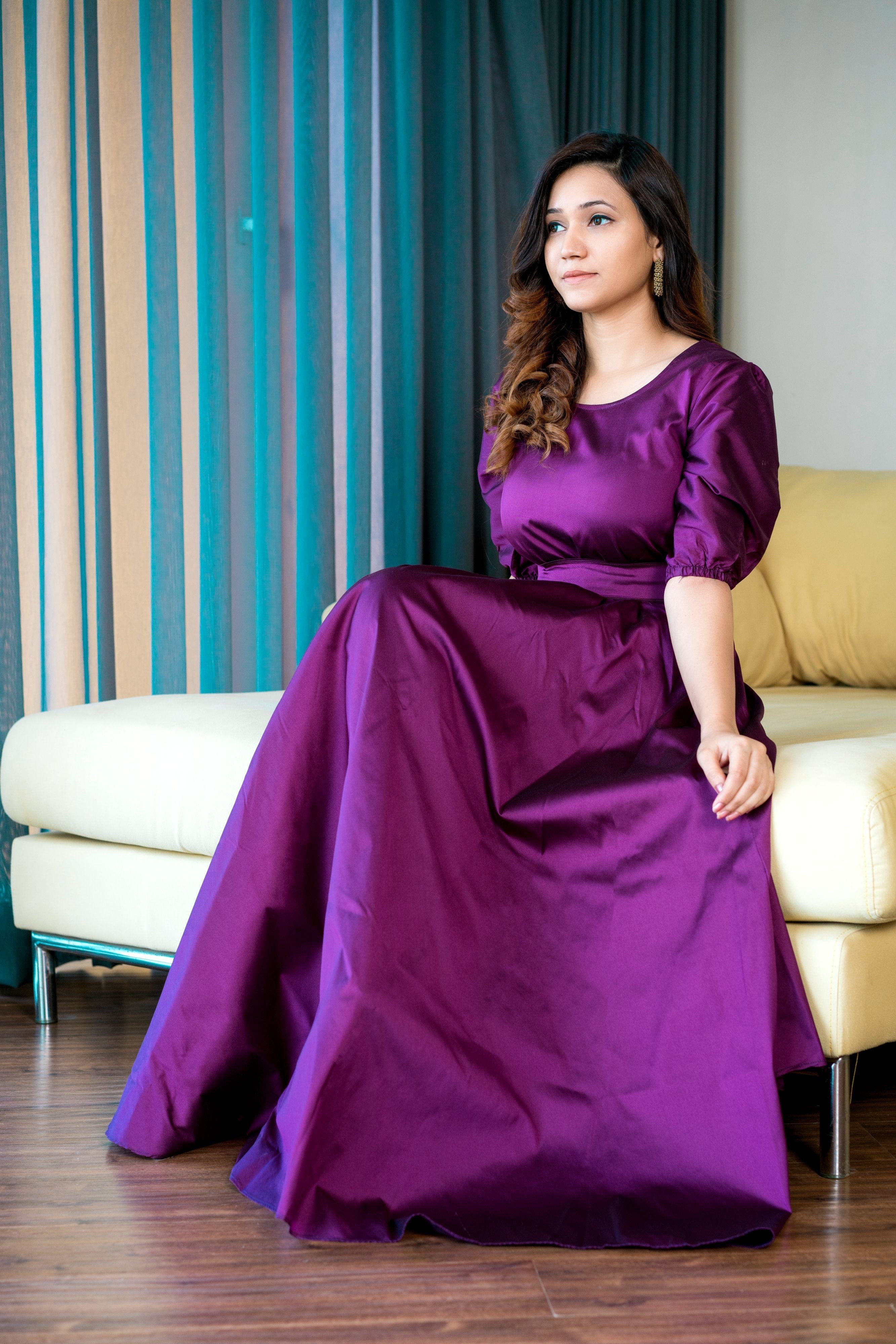 Women Purple Tapeta Silk Solid Floor Length Maxi Dress- FunkyTradition