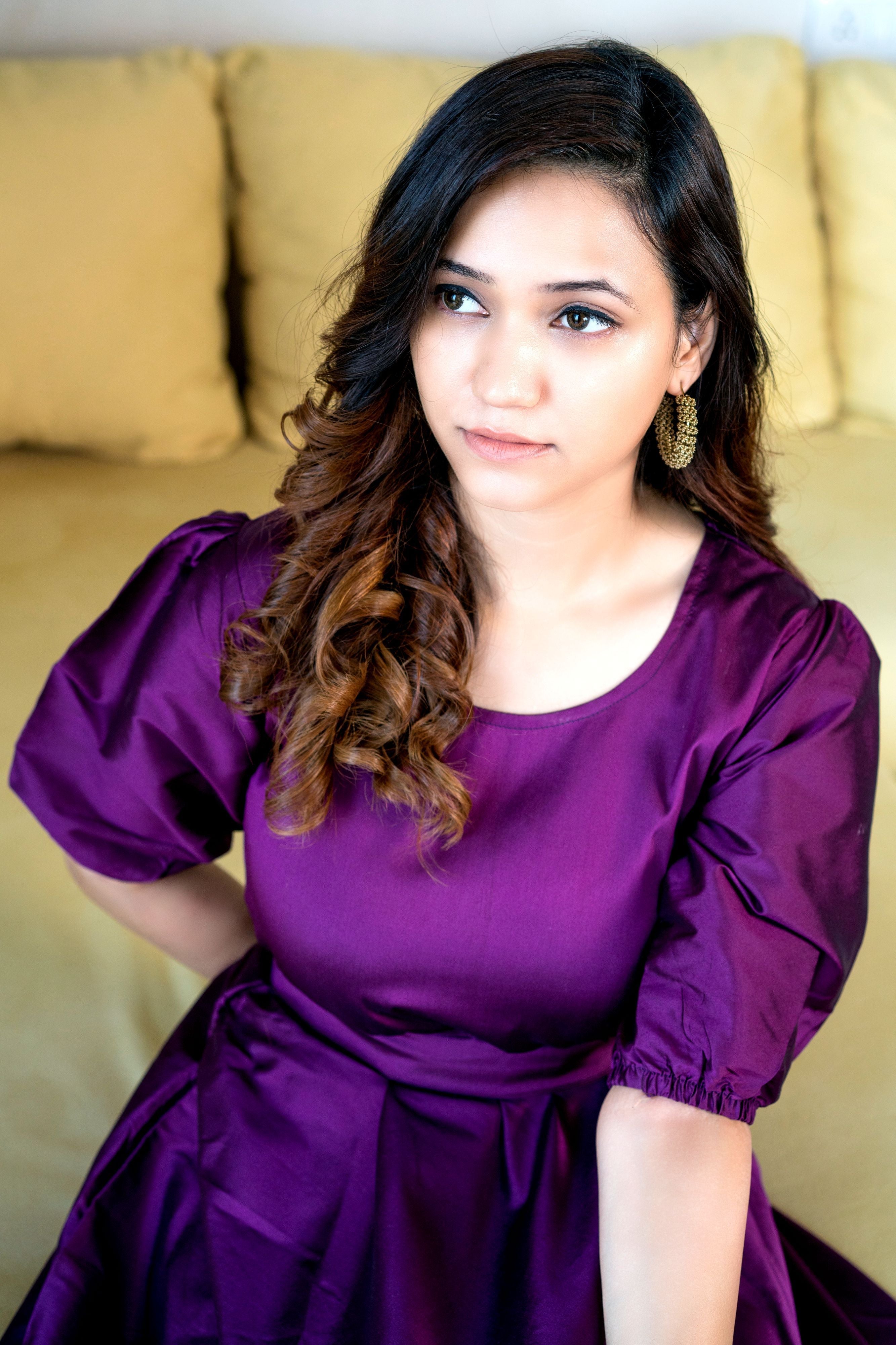 Women Purple Tapeta Silk Solid Floor Length Maxi Dress- FunkyTradition