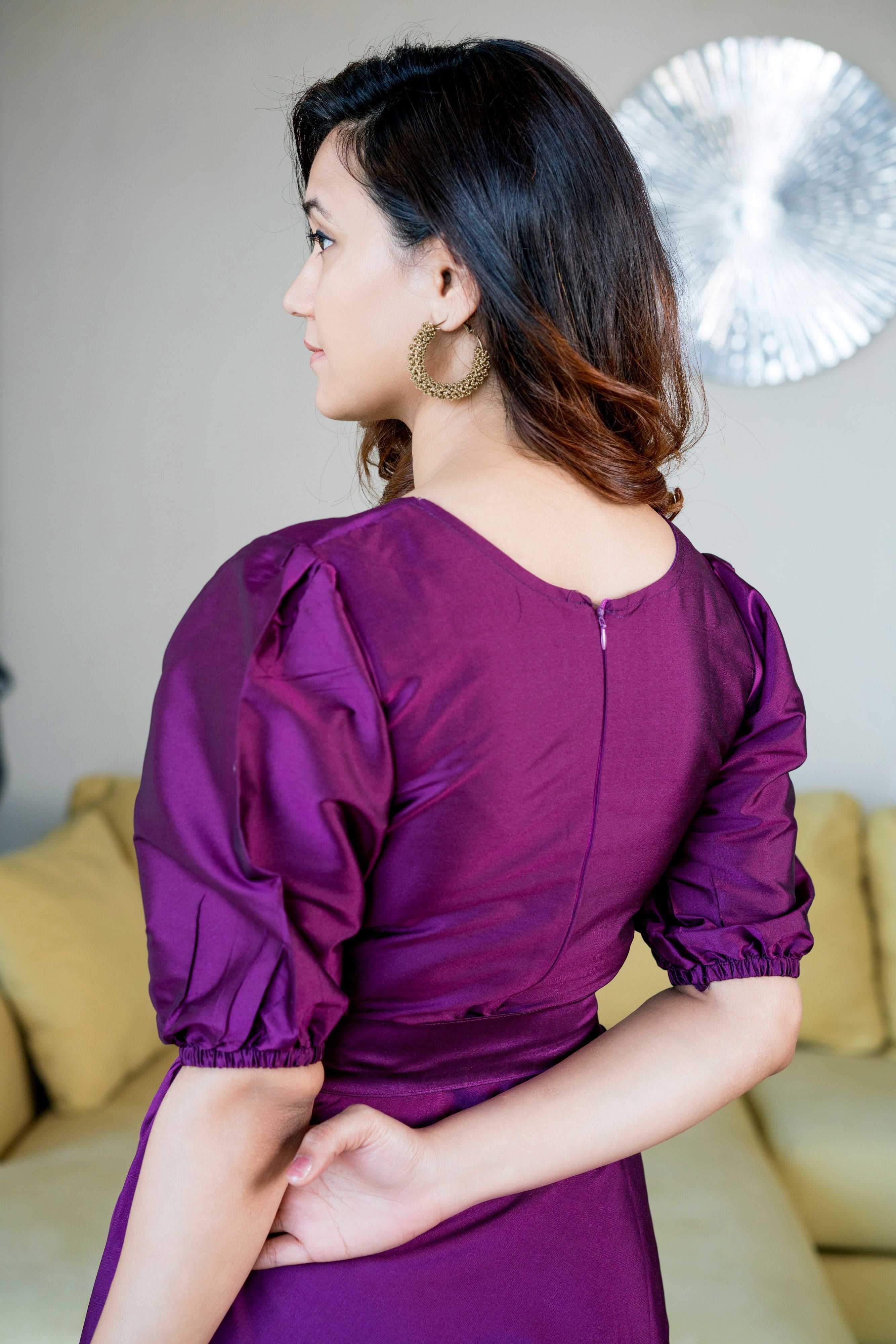 Women Purple Tapeta Silk Solid Floor Length Maxi Dress- FunkyTradition