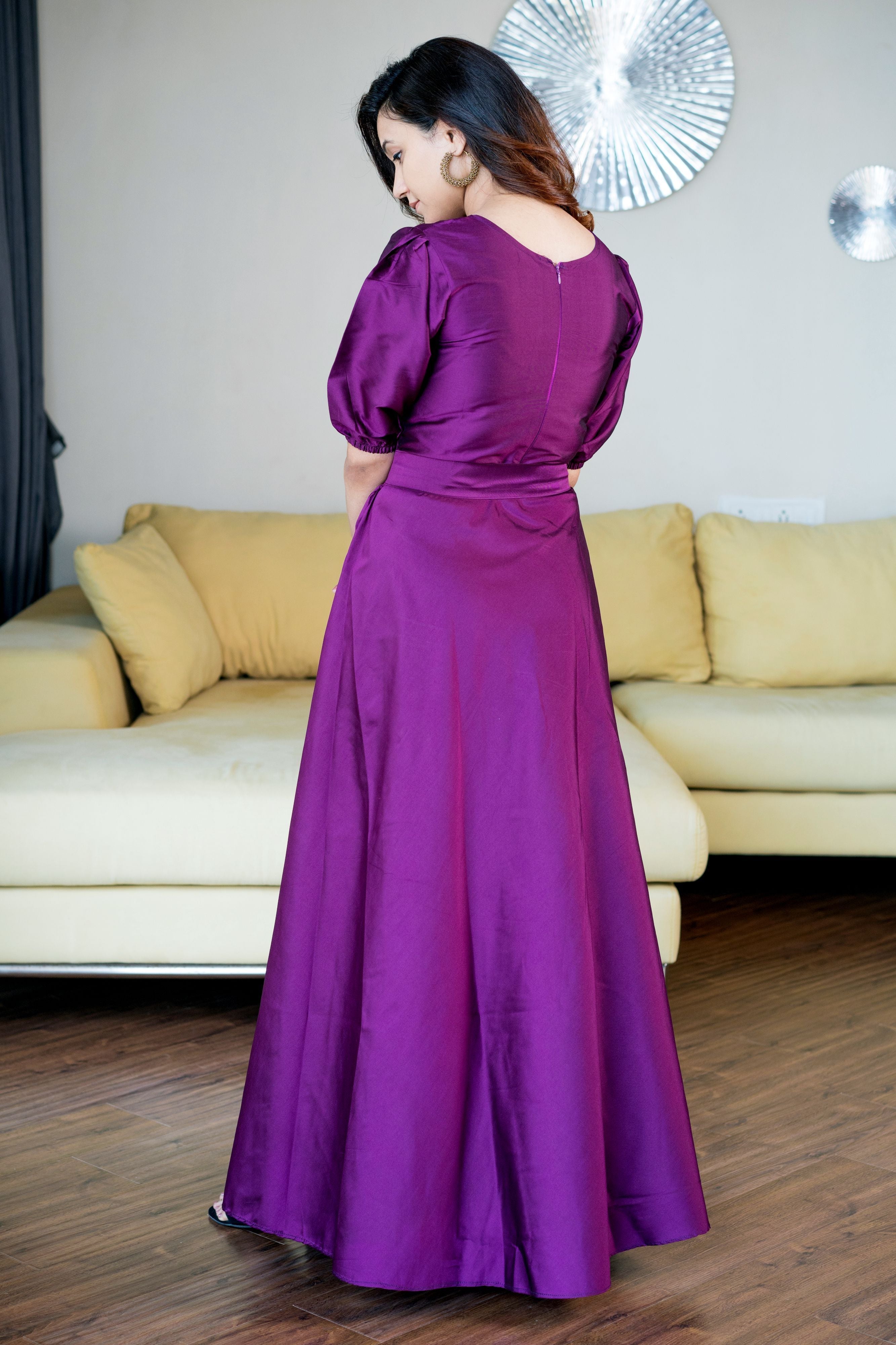 Women Purple Tapeta Silk Solid Floor Length Maxi Dress- FunkyTradition