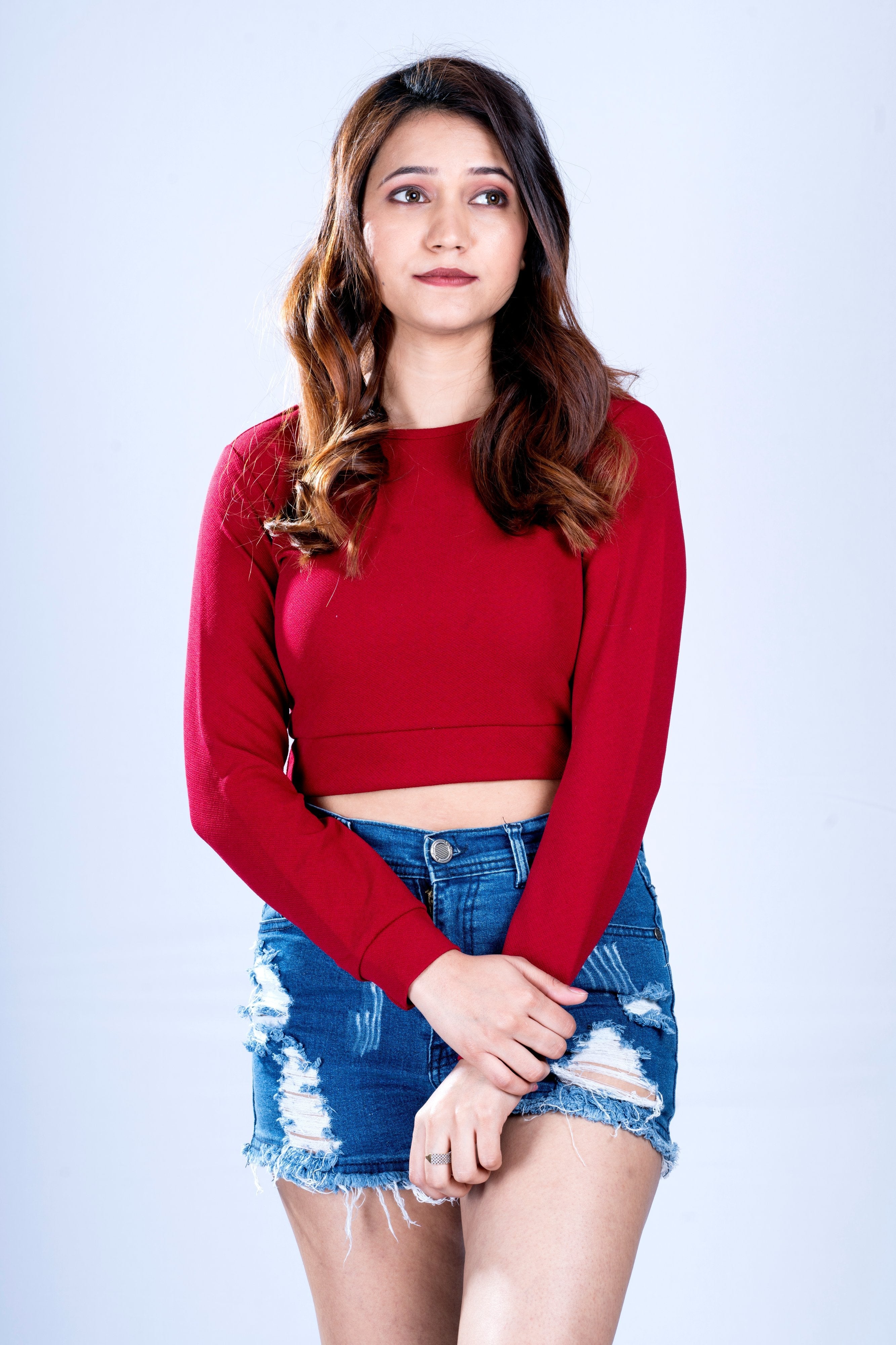 Designer Maroon Women Solid Long Sleeve Crop Top- Adiba Fashion