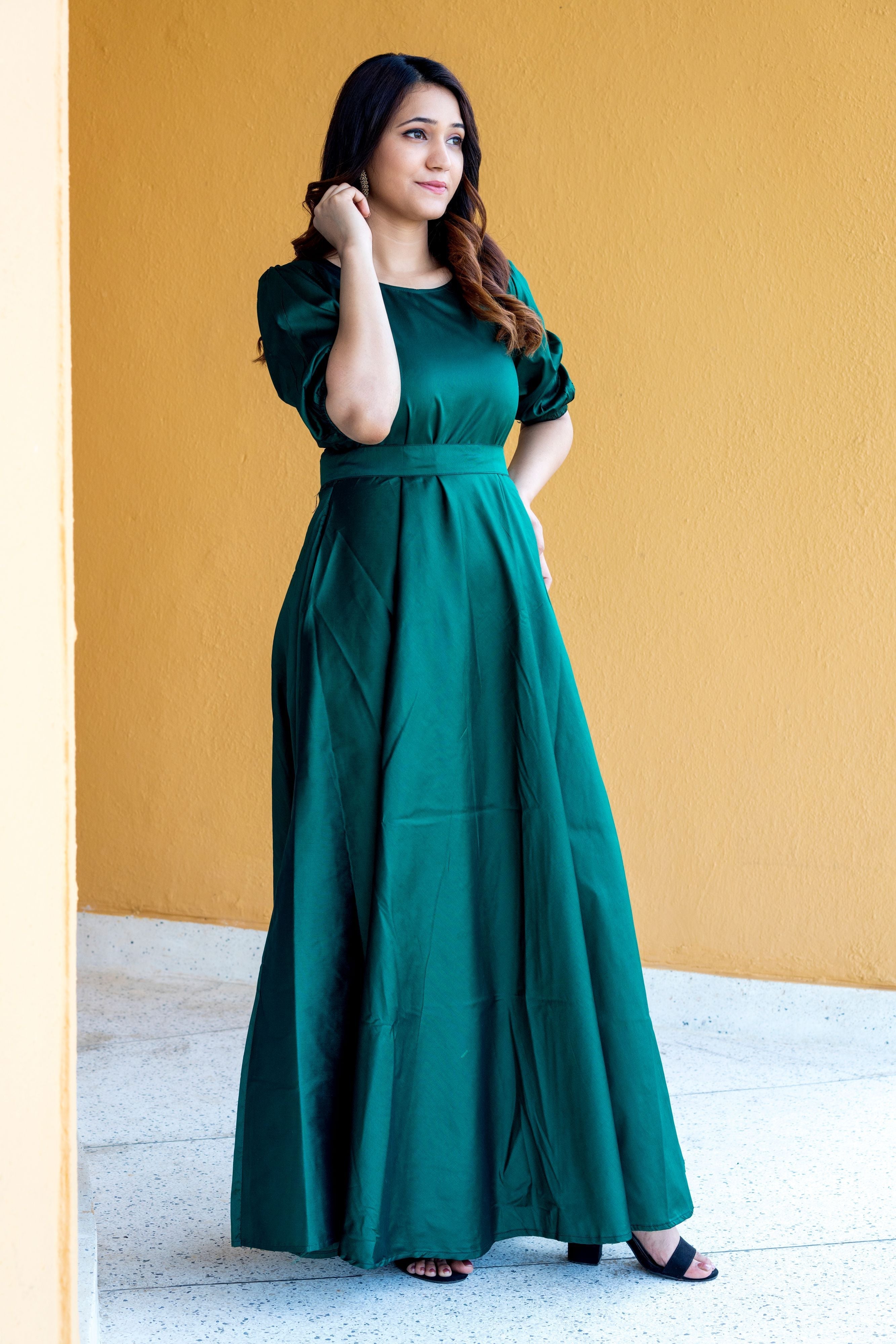 Women Green Tapeta Silk Solid Floor Length Maxi Dress- Adiba Fashion