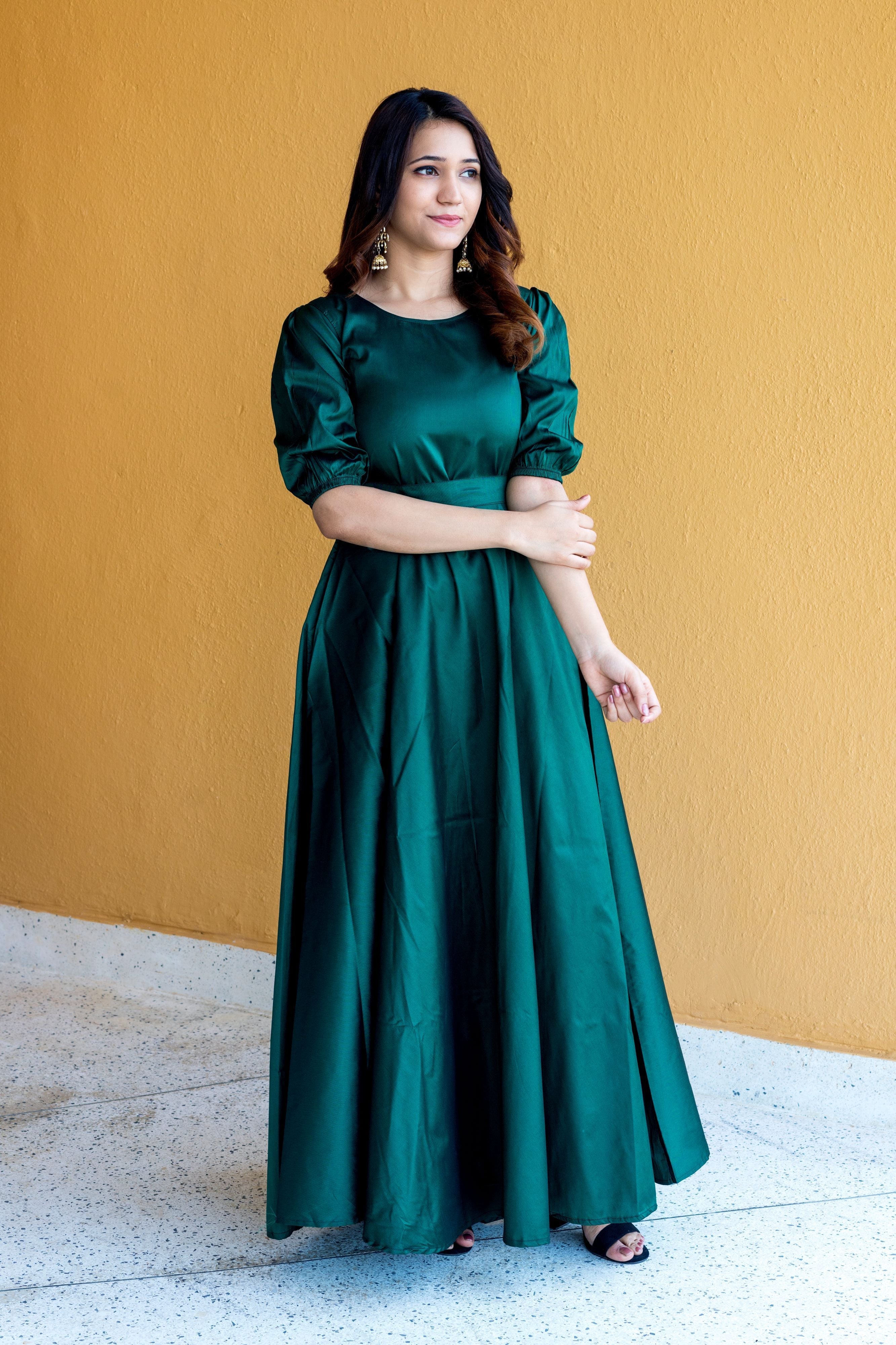 Women Green Tapeta Silk Solid Floor Length Maxi Dress- Adiba Fashion