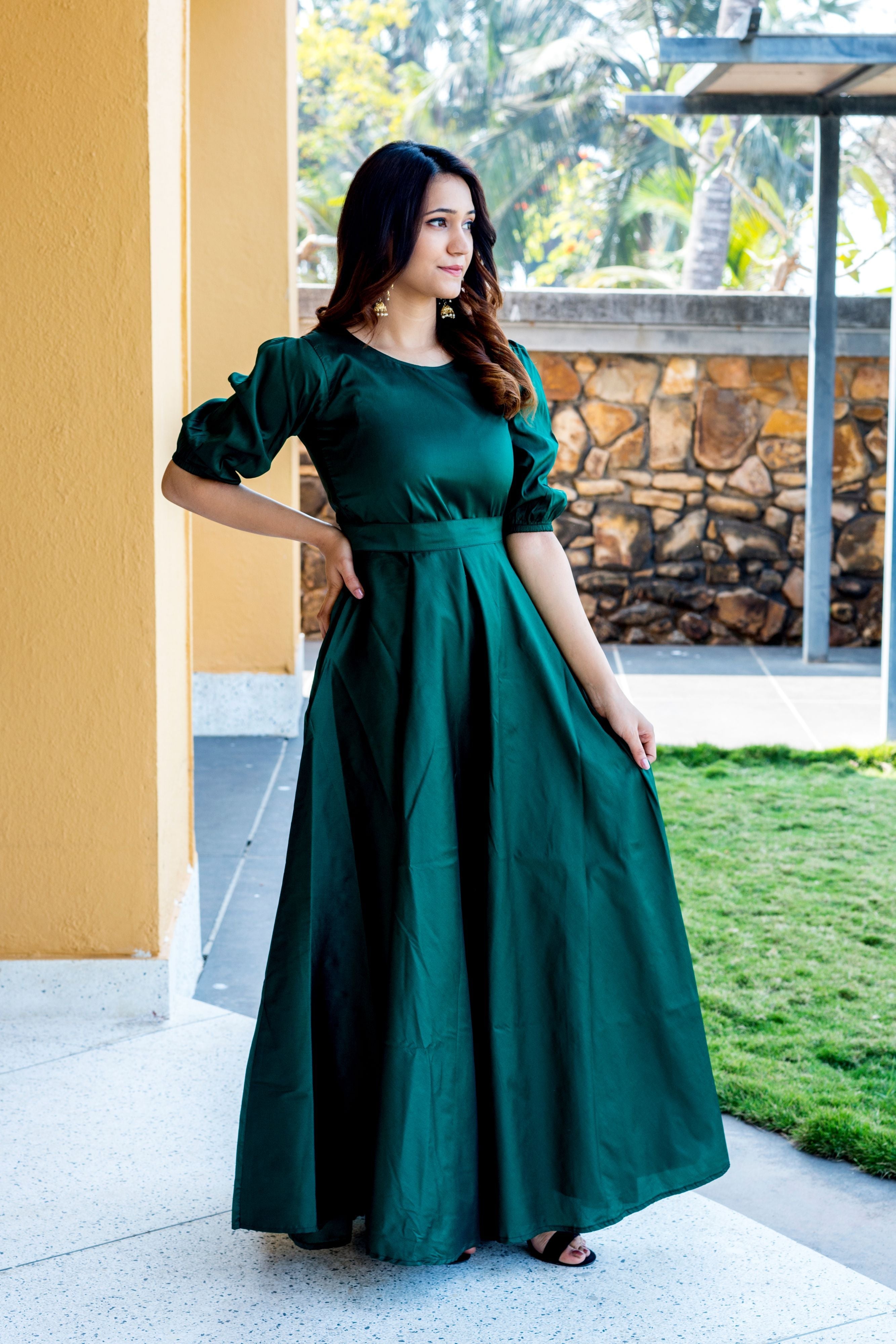 Women Green Tapeta Silk Solid Floor Length Maxi Dress- Adiba Fashion