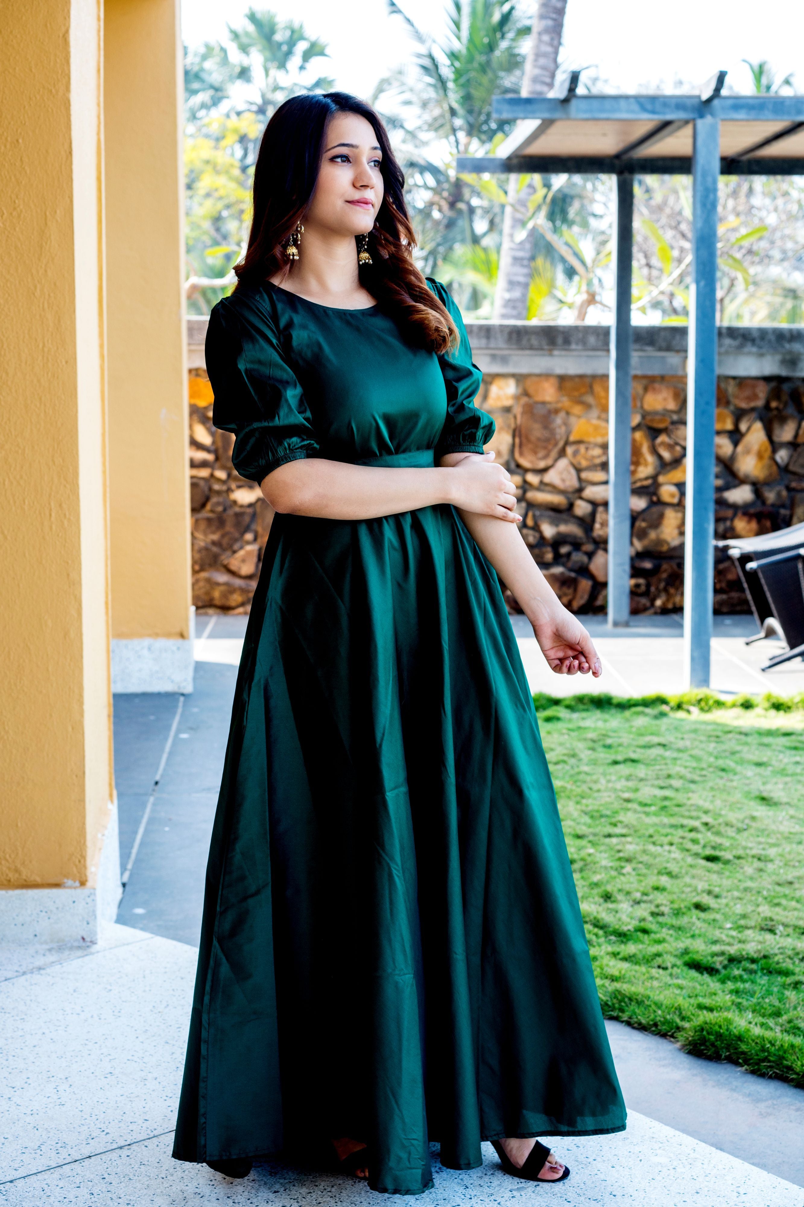 Women Green Tapeta Silk Solid Floor Length Maxi Dress- Adiba Fashion