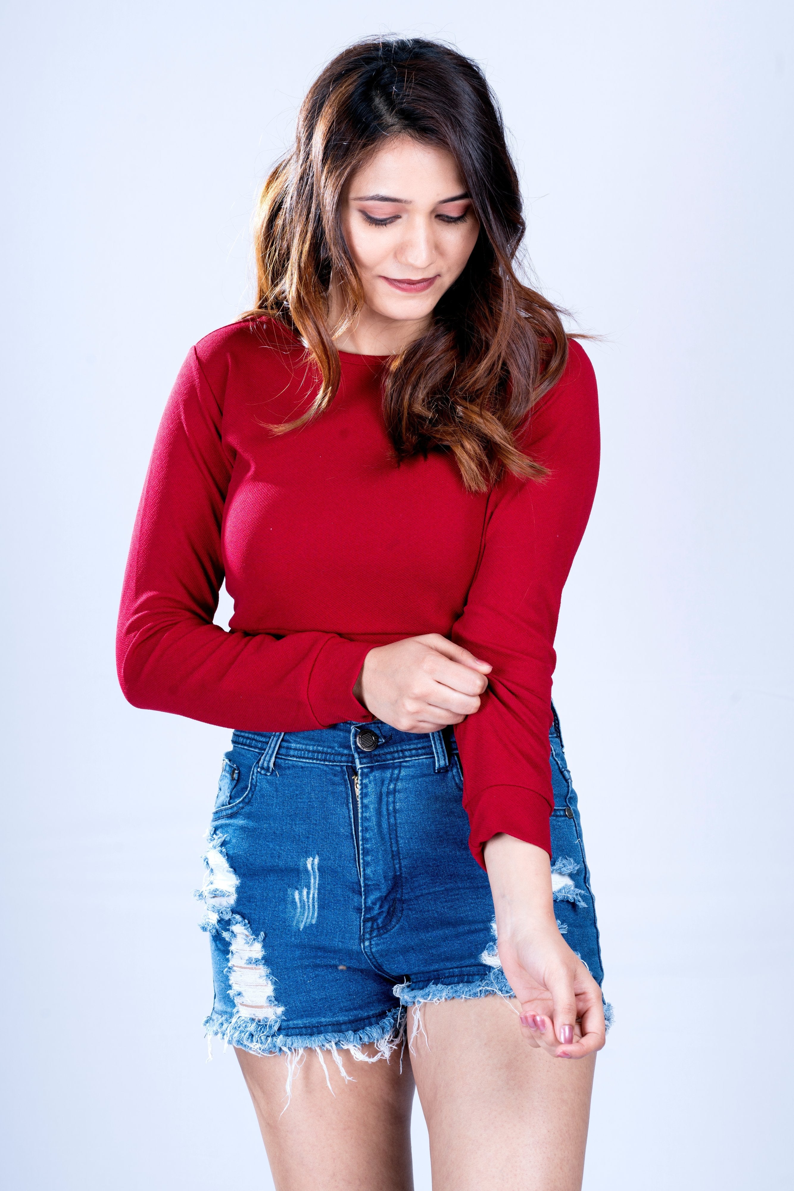 Designer Maroon Women Solid Long Sleeve Crop Top- Adiba Fashion
