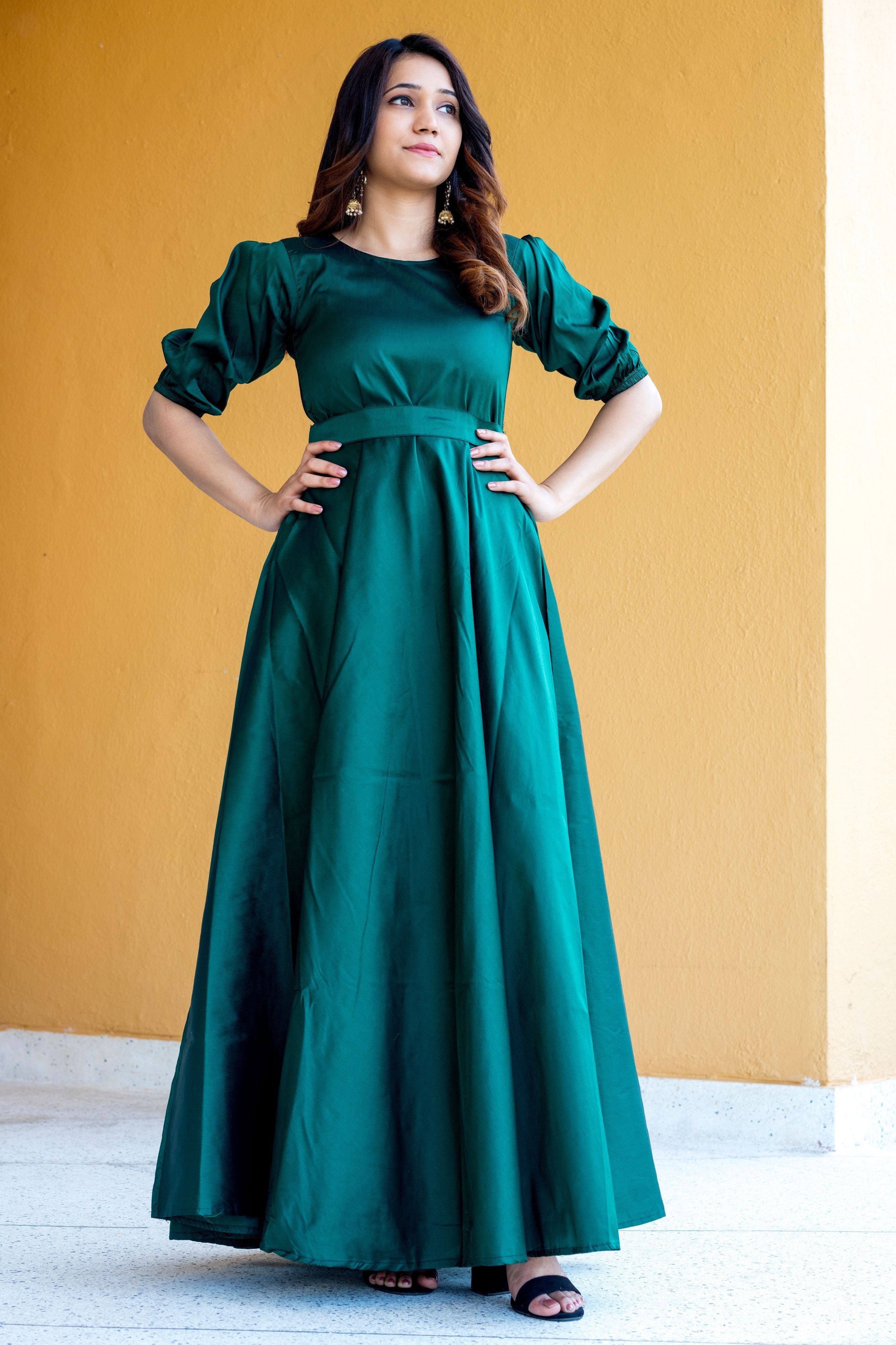 Women Green Tapeta Silk Solid Floor Length Maxi Dress- Adiba Fashion