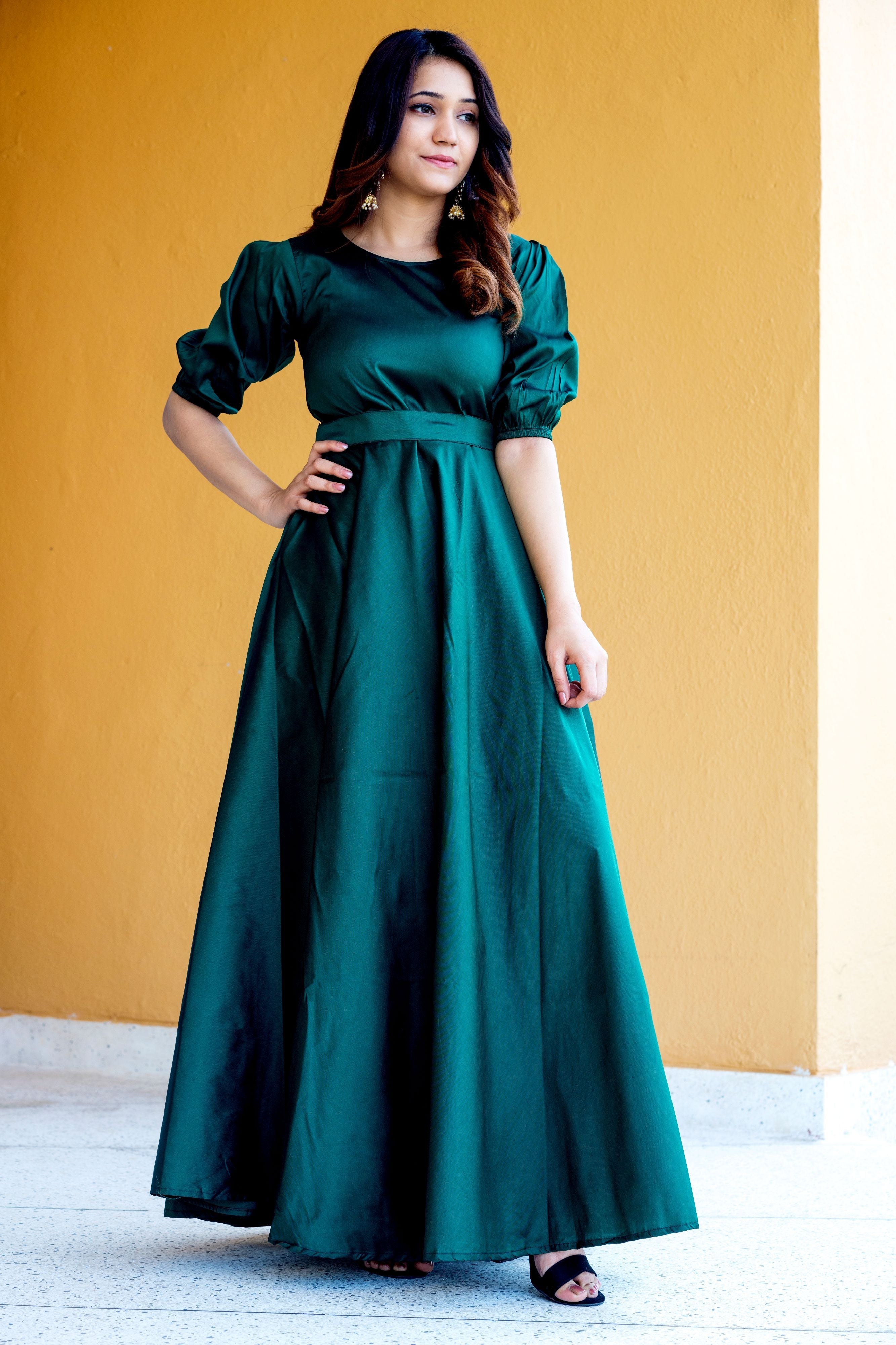 Women Green Tapeta Silk Solid Floor Length Maxi Dress- Adiba Fashion