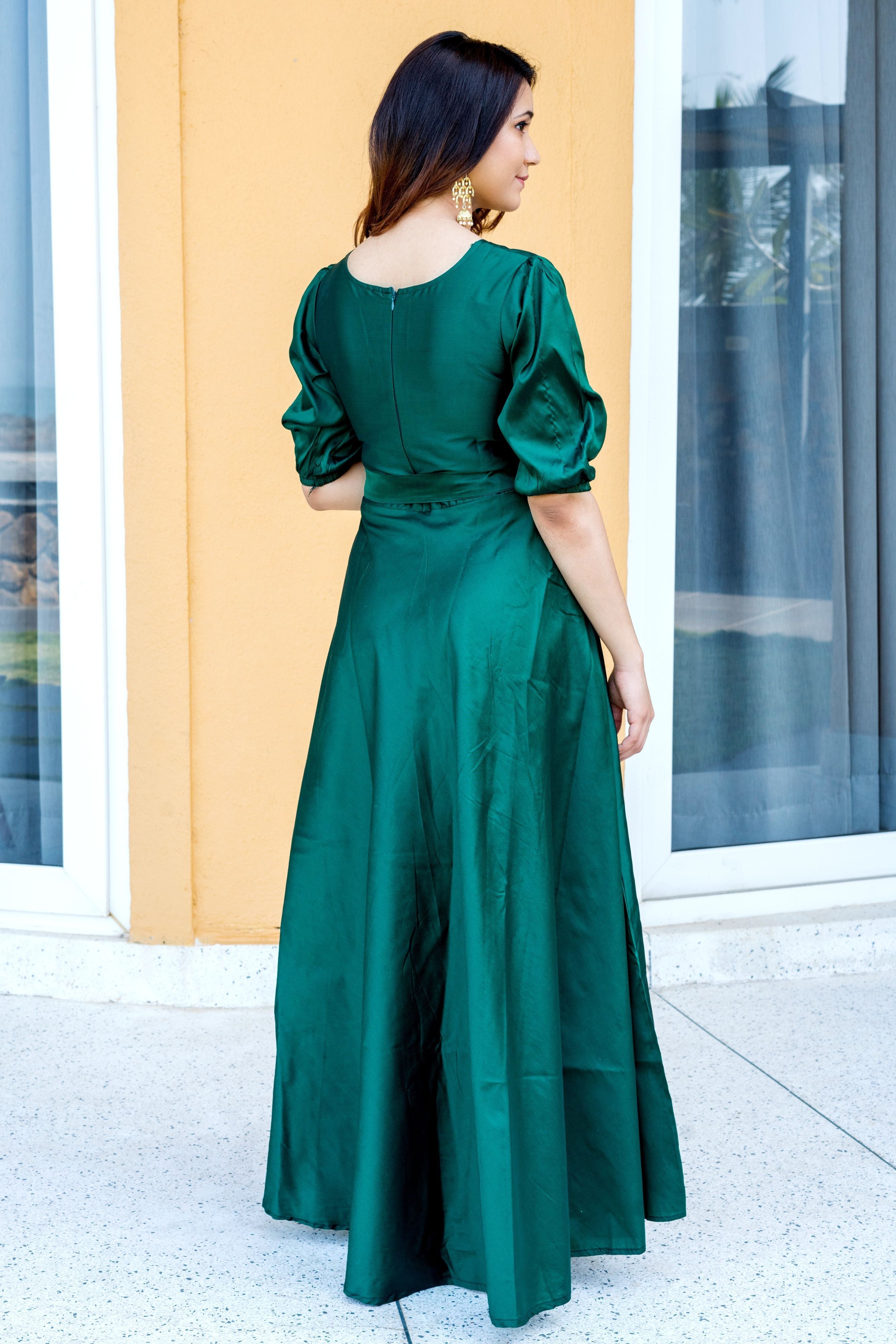 Women Green Tapeta Silk Solid Floor Length Maxi Dress- Adiba Fashion