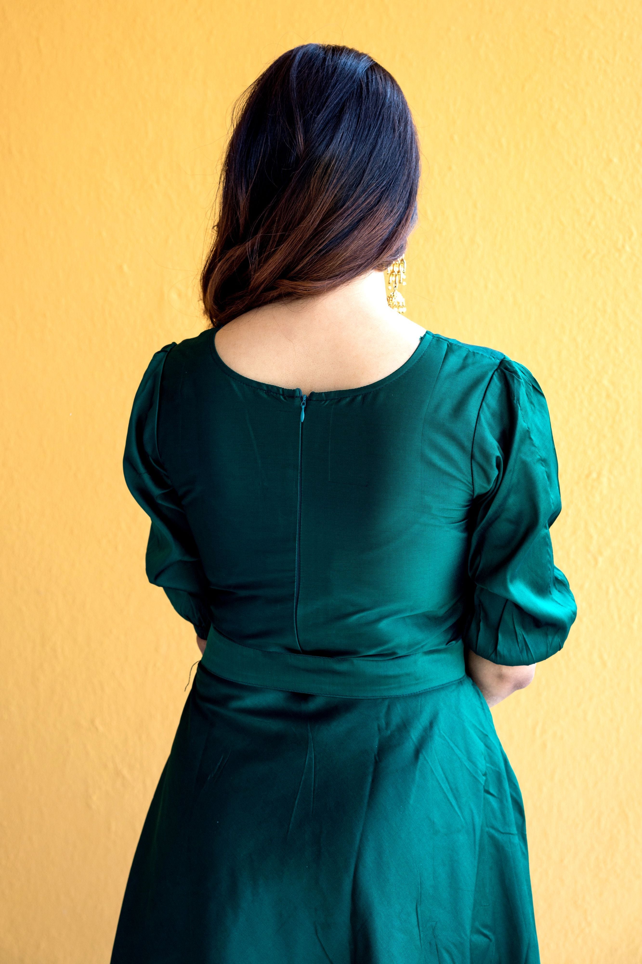 Women Green Tapeta Silk Solid Floor Length Maxi Dress- Adiba