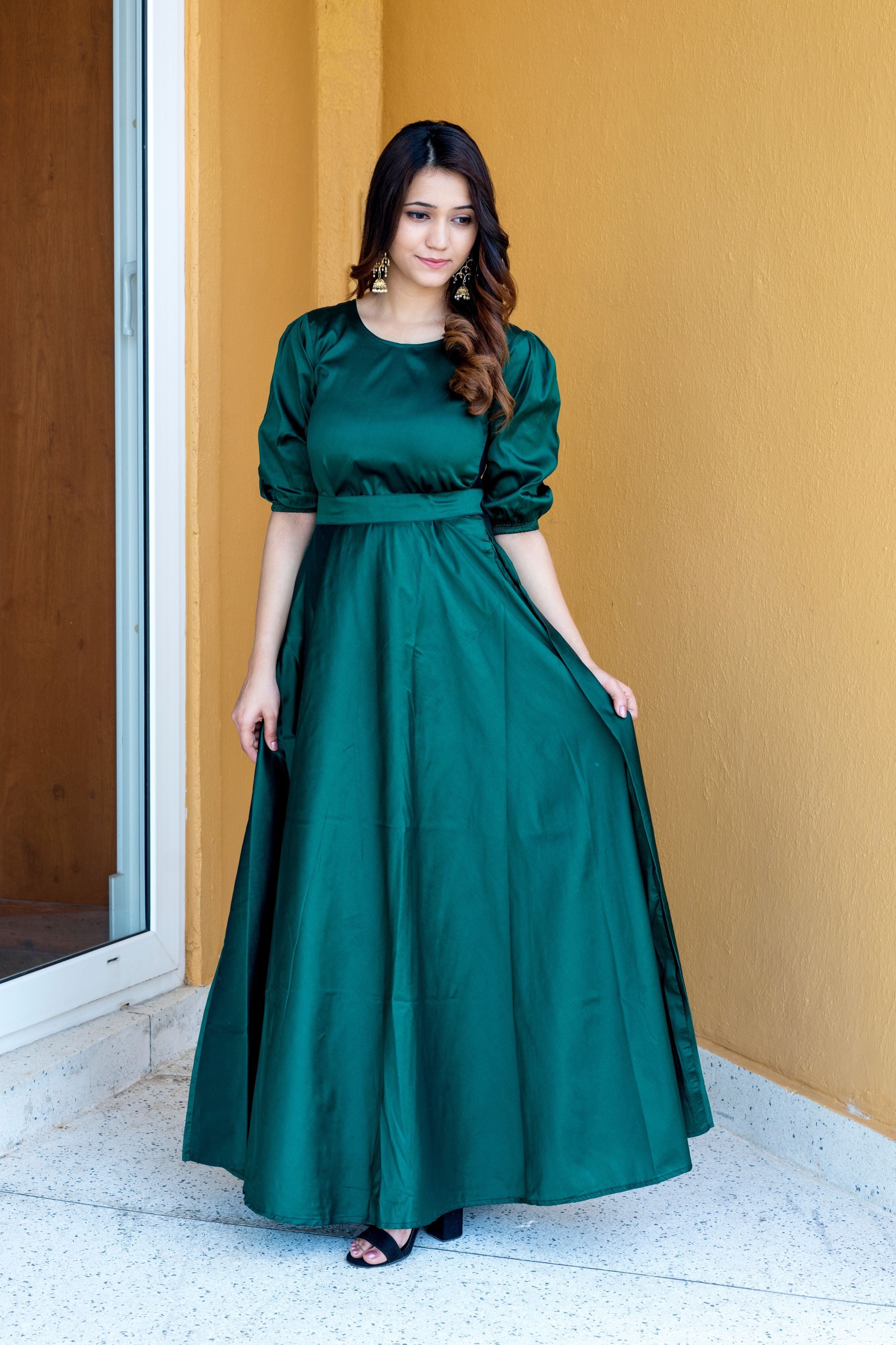 Women Green Tapeta Silk Solid Floor Length Maxi Dress- Adiba Fashion