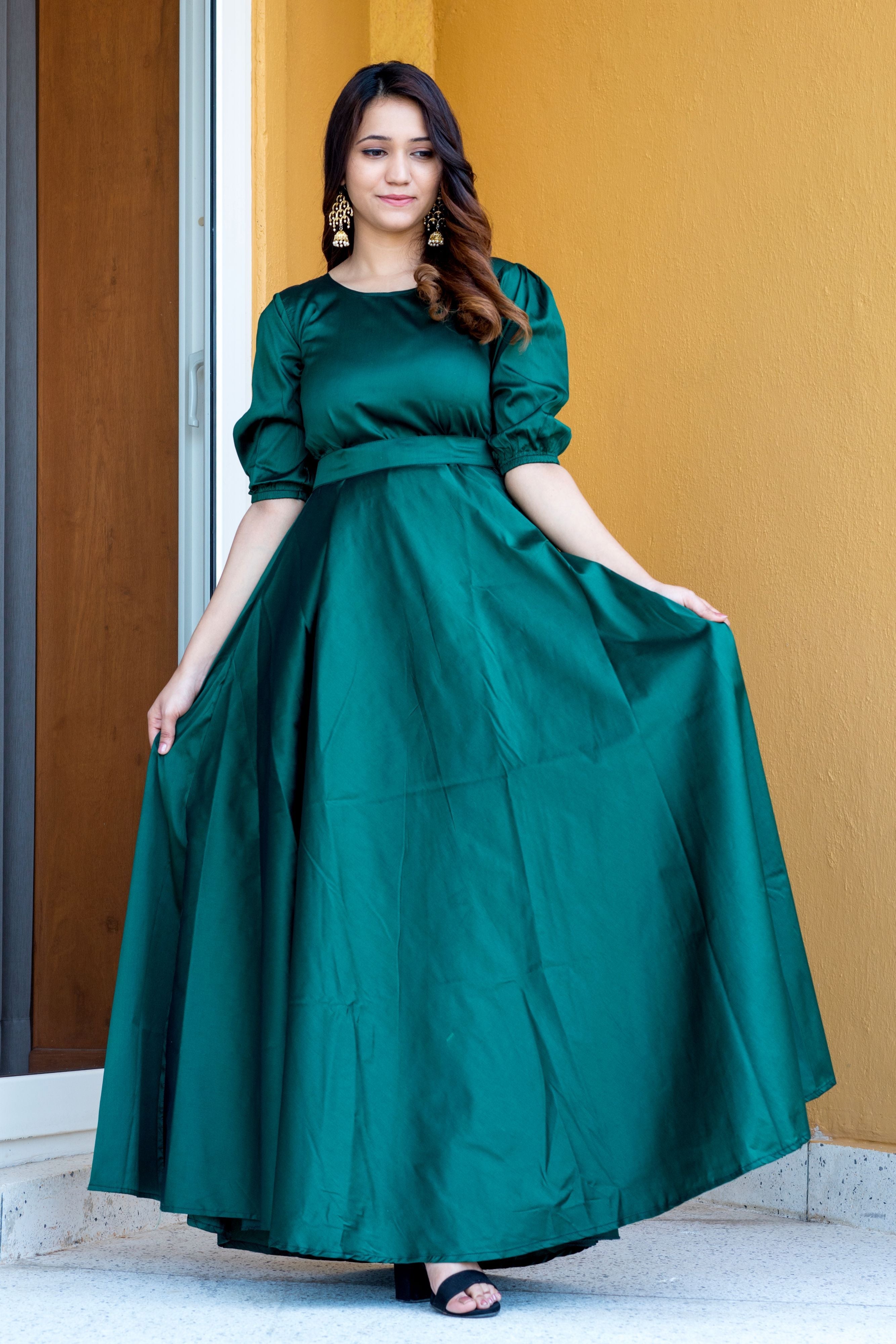 Women Green Tapeta Silk Solid Floor Length Maxi Dress- Adiba Fashion