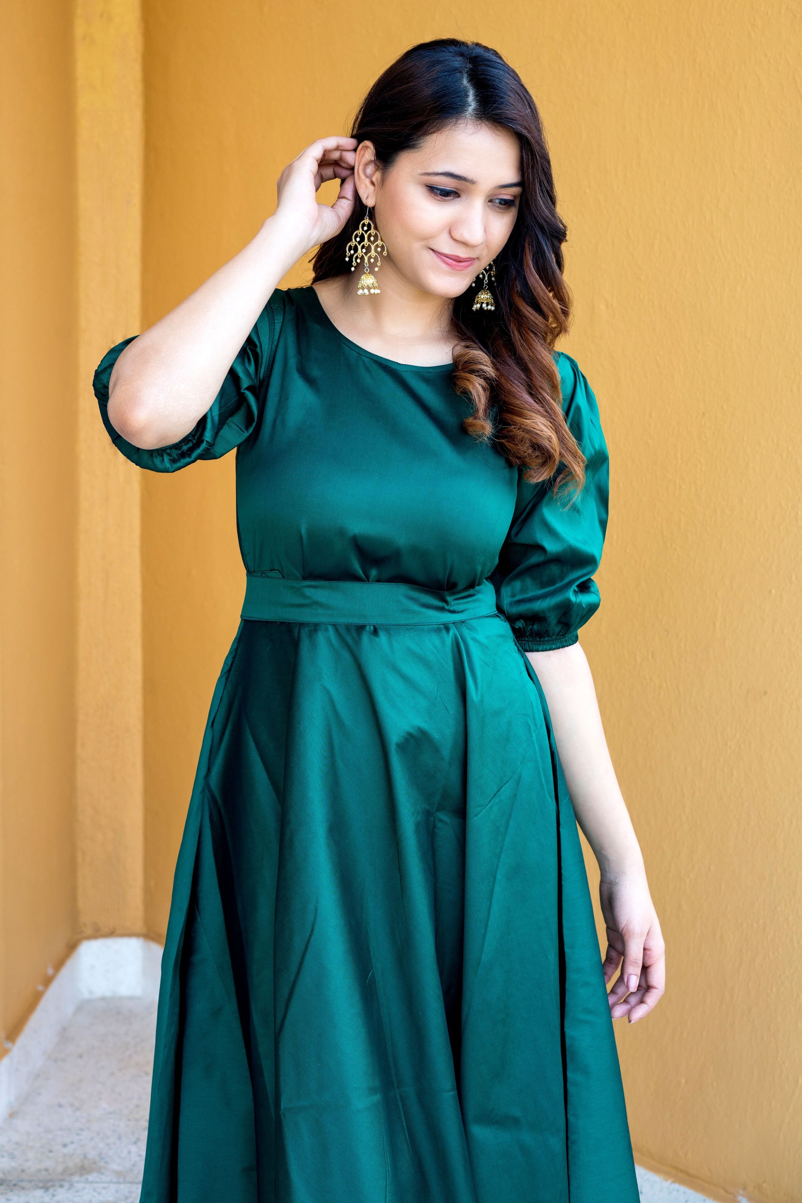 Women Green Tapeta Silk Solid Floor Length Maxi Dress- Adiba Fashion