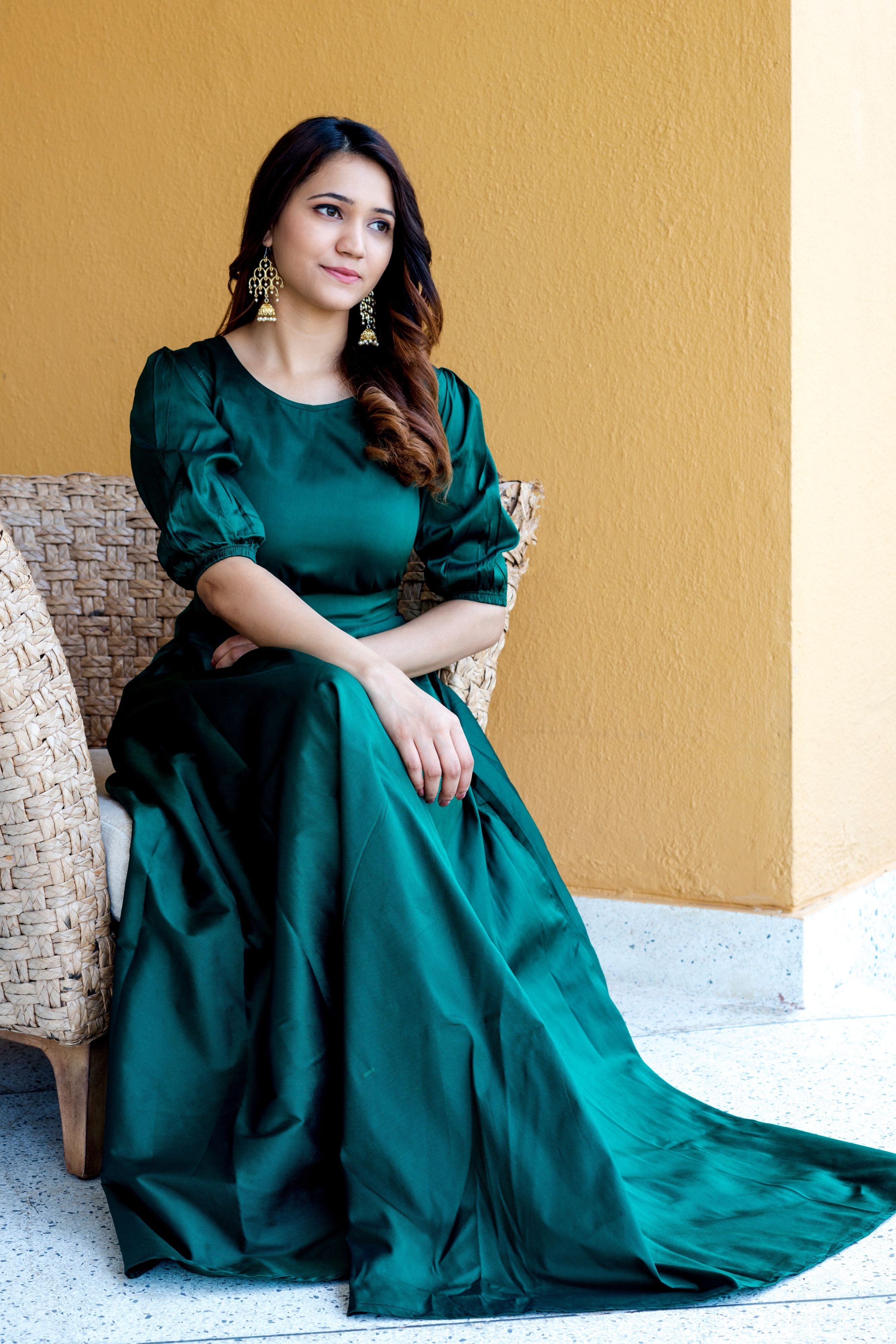 Women Green Tapeta Silk Solid Floor Length Maxi Dress- Adiba Fashion