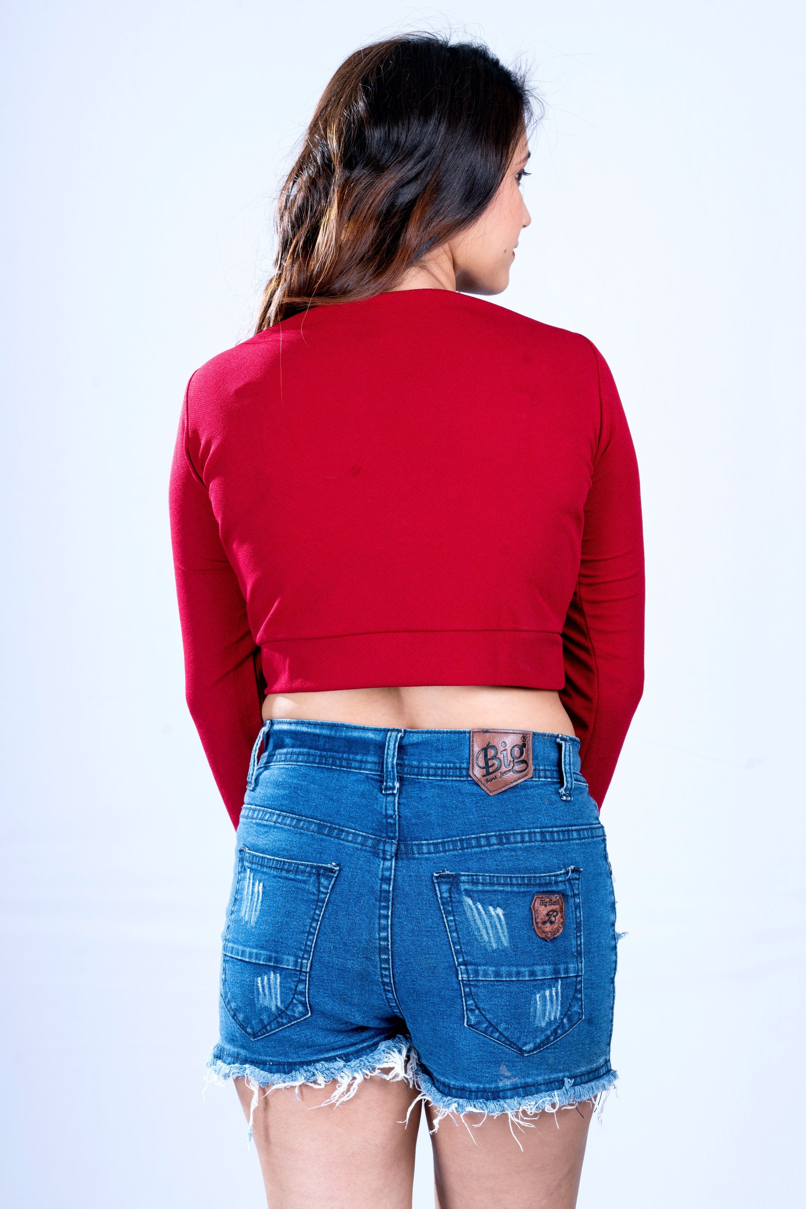 Designer Maroon Women Solid Long Sleeve Crop Top- Adiba Fashion