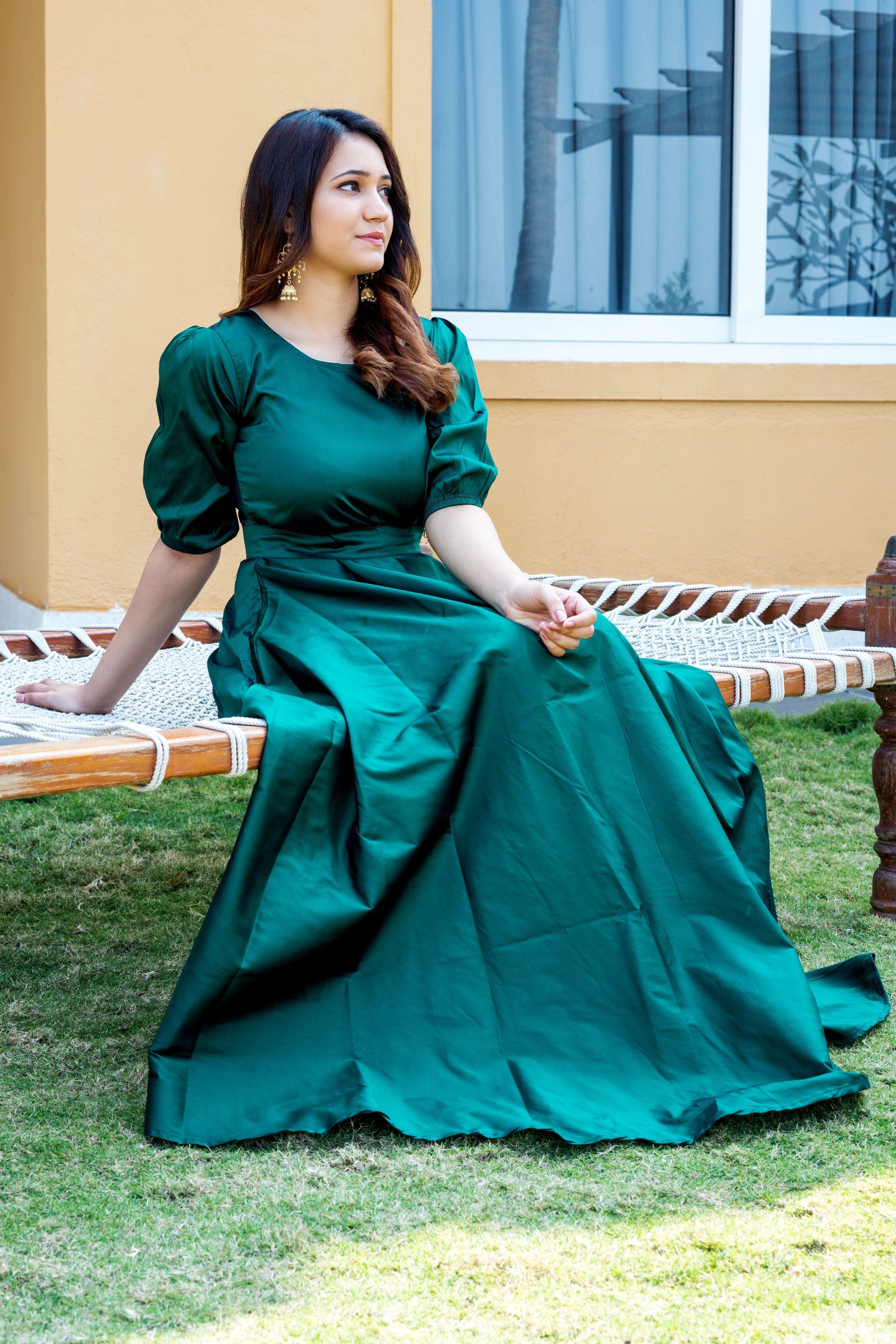 Women Green Tapeta Silk Solid Floor Length Maxi Dress- Adiba Fashion