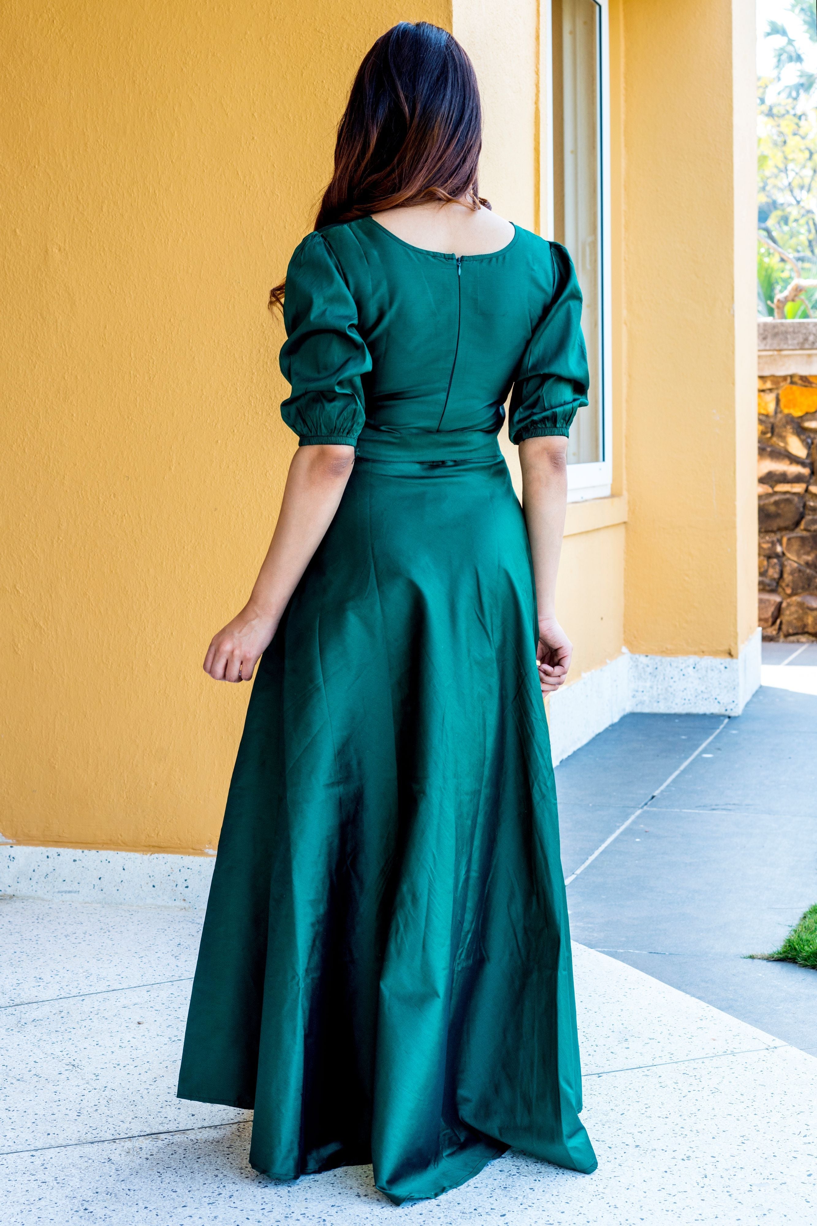 Women Green Tapeta Silk Solid Floor Length Maxi Dress- Adiba Fashion