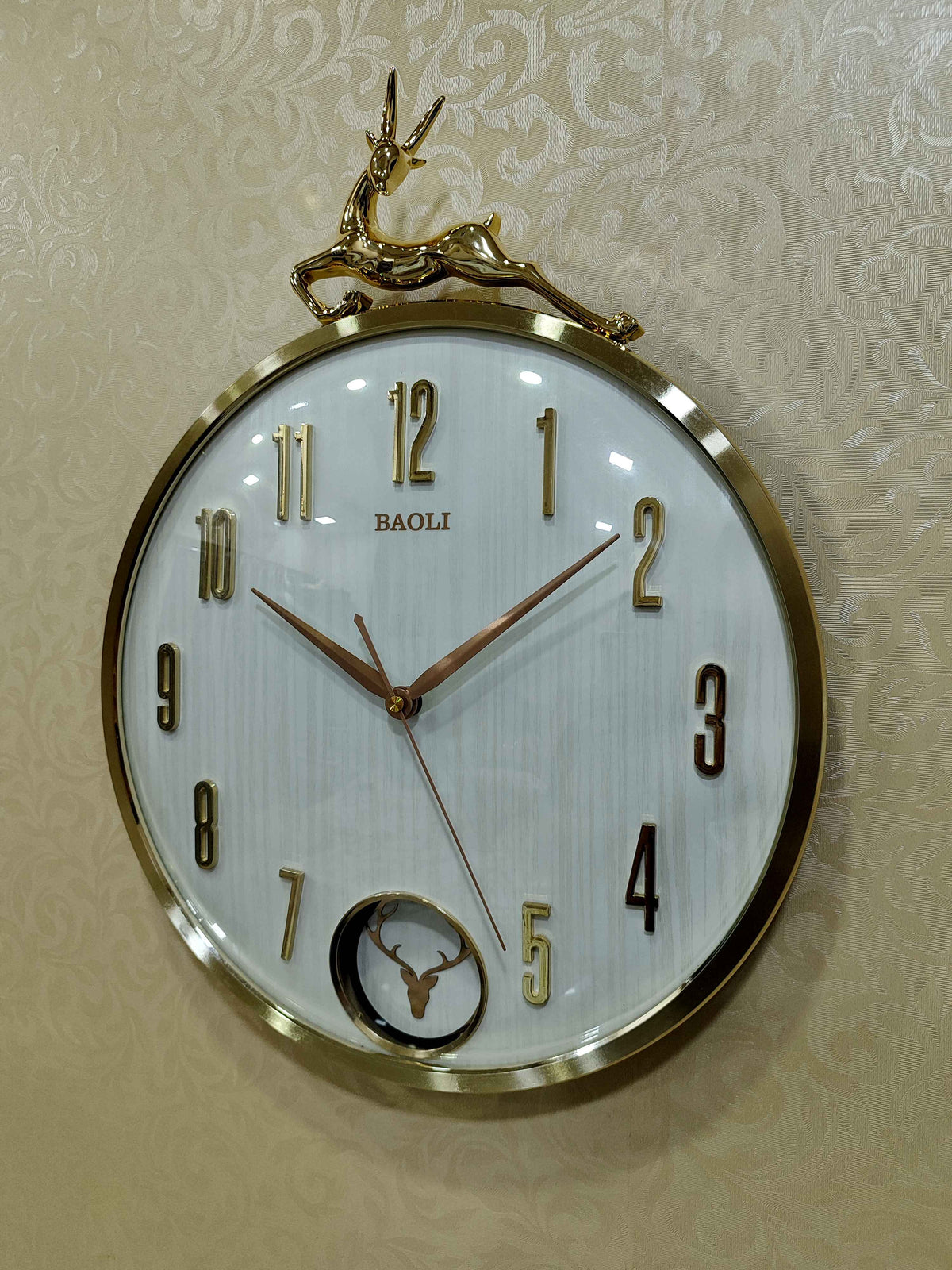Luxury Deer Wall Clock with Pendulum – 14"x18" Antique Gold Finish