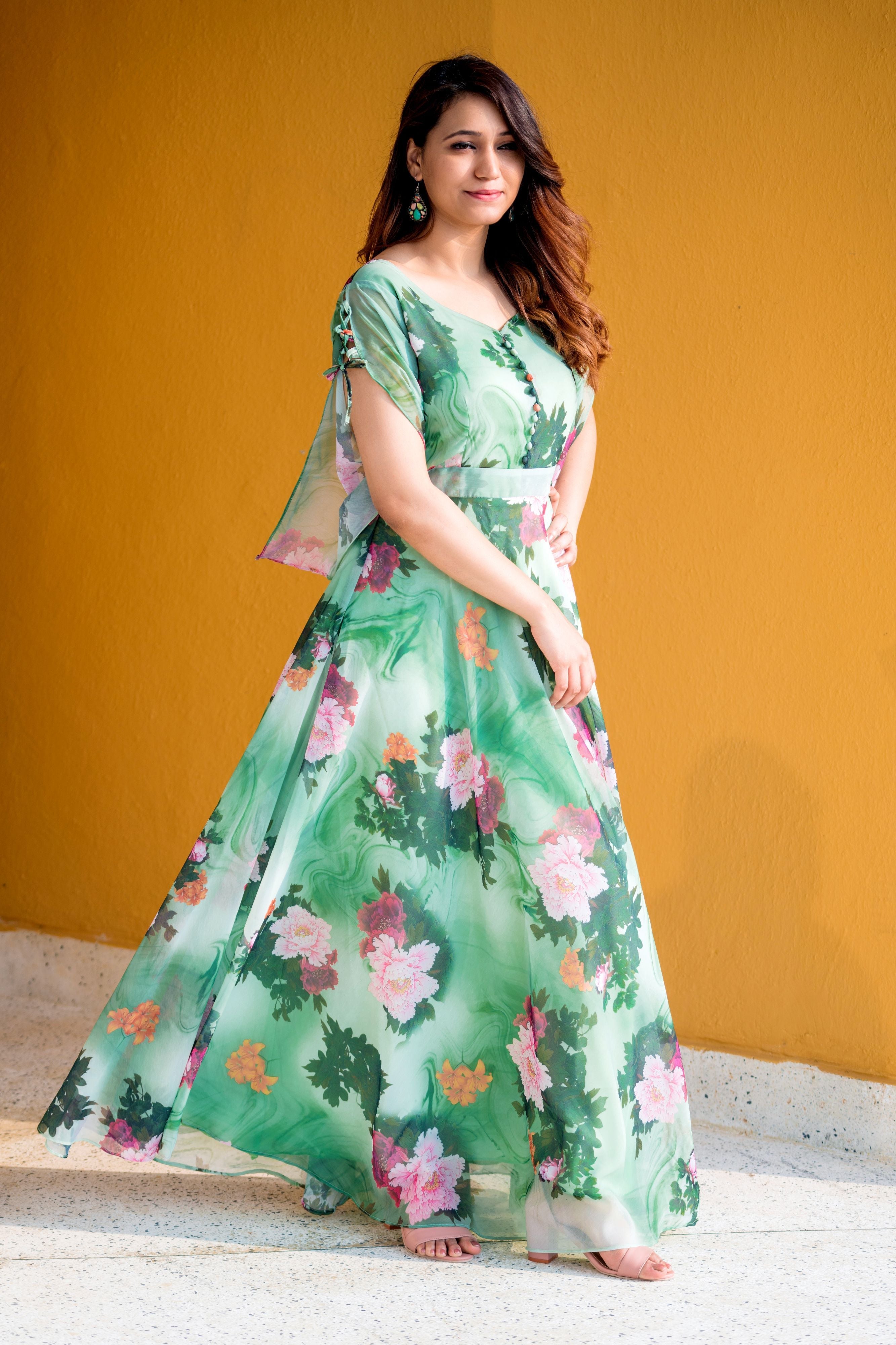 Women Green Floral Print Maxi Dress- Adiba Fashion S