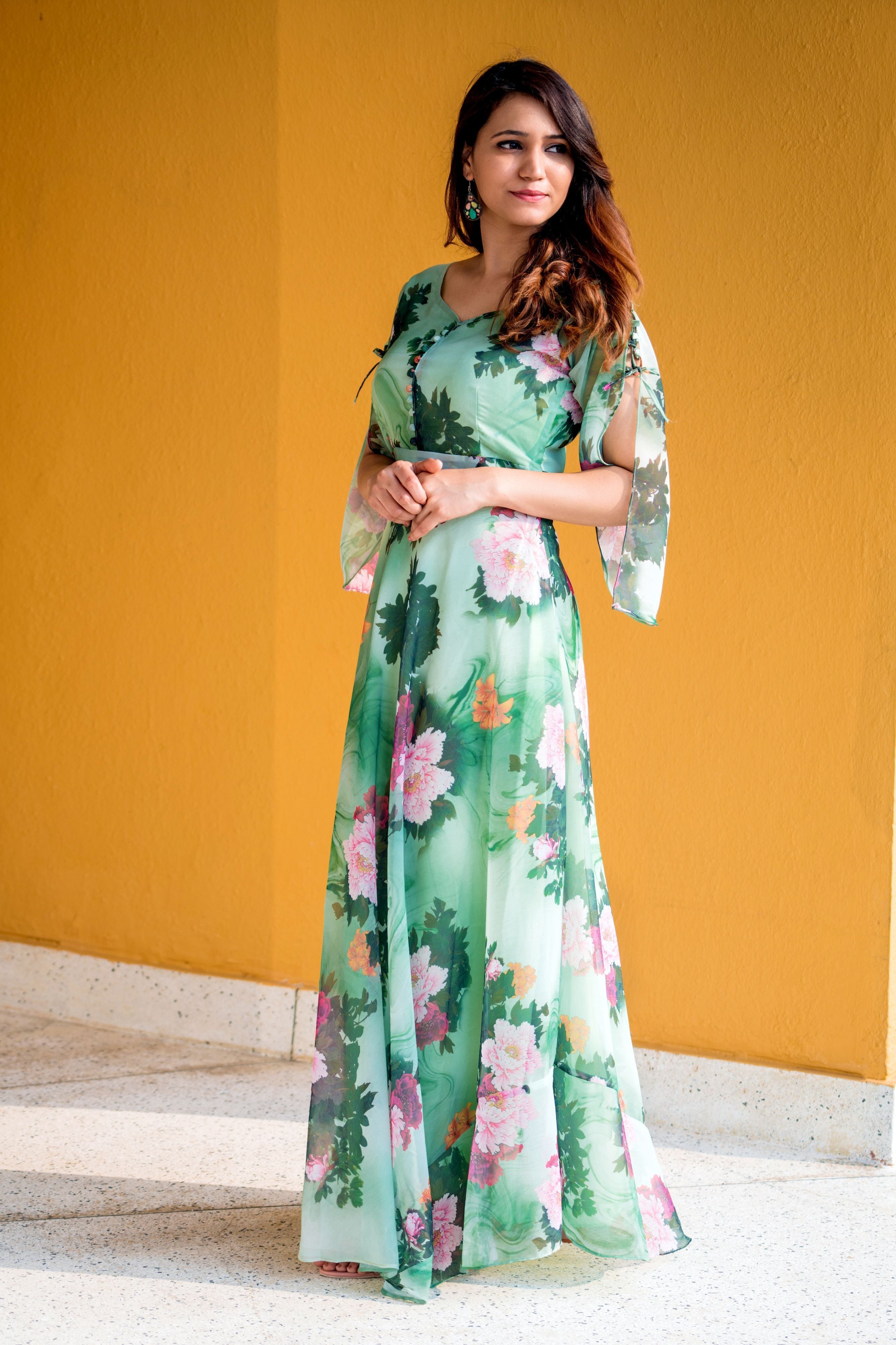 Women Green Floral Print Maxi Dress- Adiba Fashion
